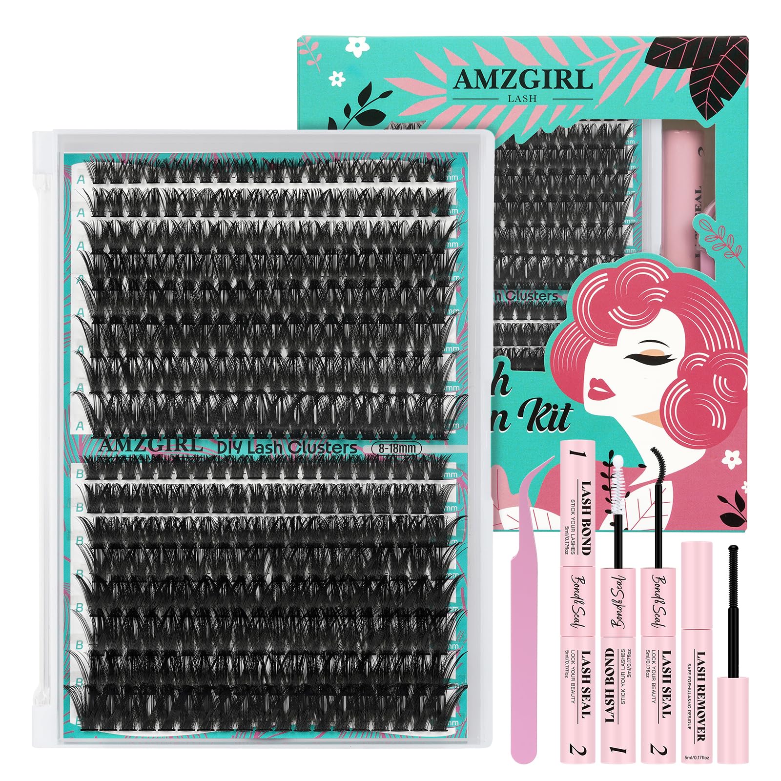 Lash Extension Kit,DIY 320Pcs Individual 60D 80D Cluster Lashes Kits,with Bond and Seal,Eyelash Remover for Wispy Eyelashes Extensions,Applicator Tool for False Clusters(D-Mix8-18mm Kit)