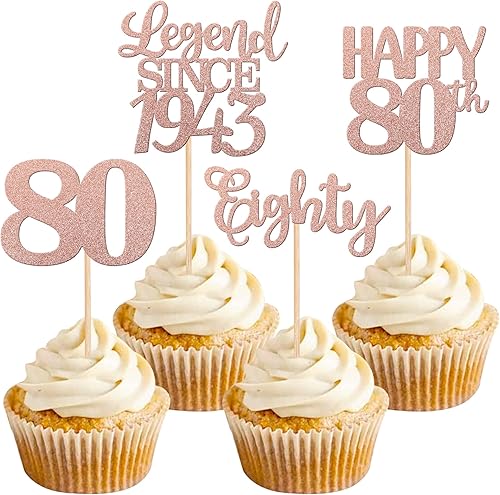 24 piezas Legend Since 1943 adornos para magdalenas con purpurina para cumpleaños número 80, decoraciones para pasteles de cumpleaños n. 80,