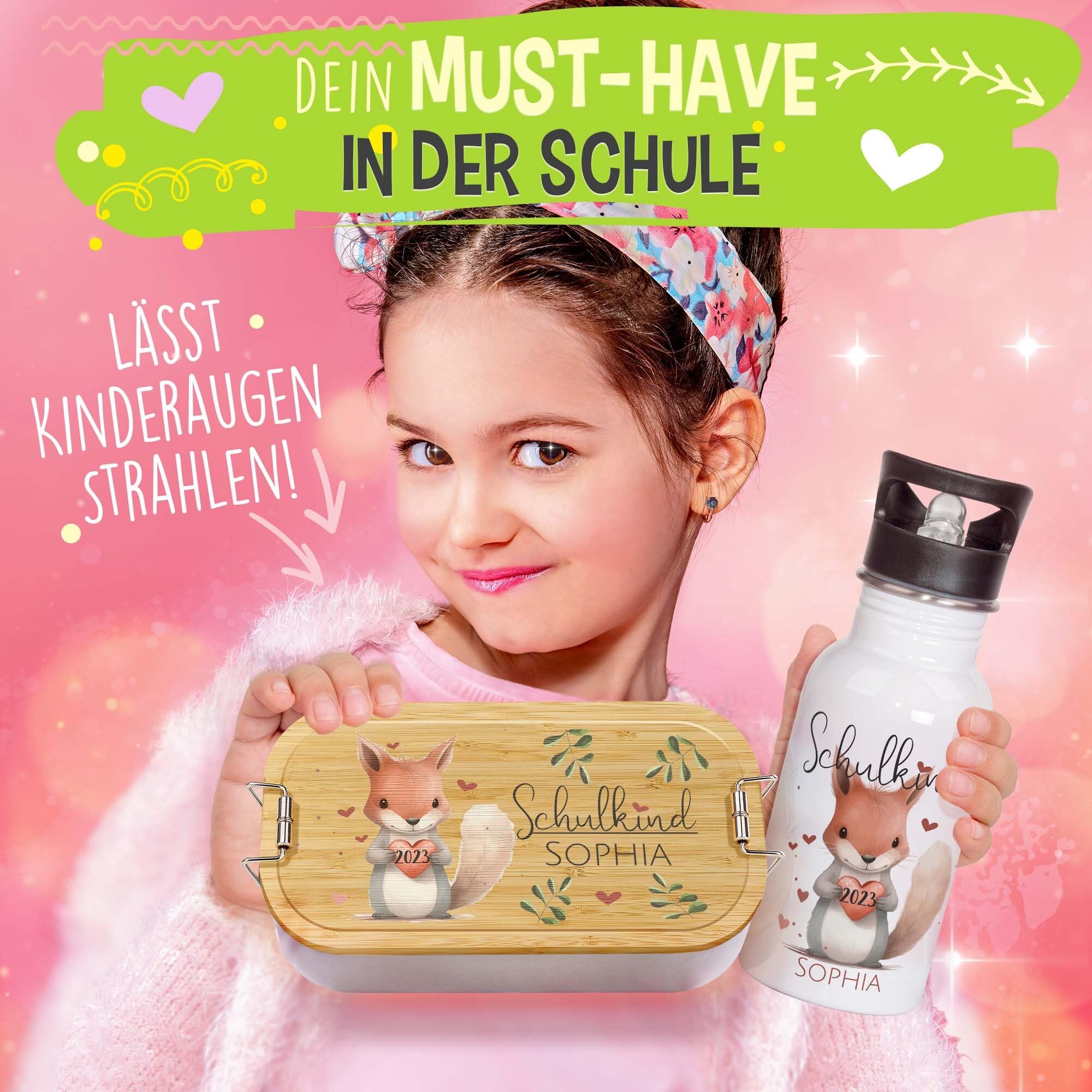 Print Royal PR Einschulung Geschenke-Set - Schulkind mit Name und Jahr personalisiert - Eichhörnchen, personalisierte Geschenke zur Einschulung Deko | Trinkflasche, weiß 500 ml & Brotdose 600 ml