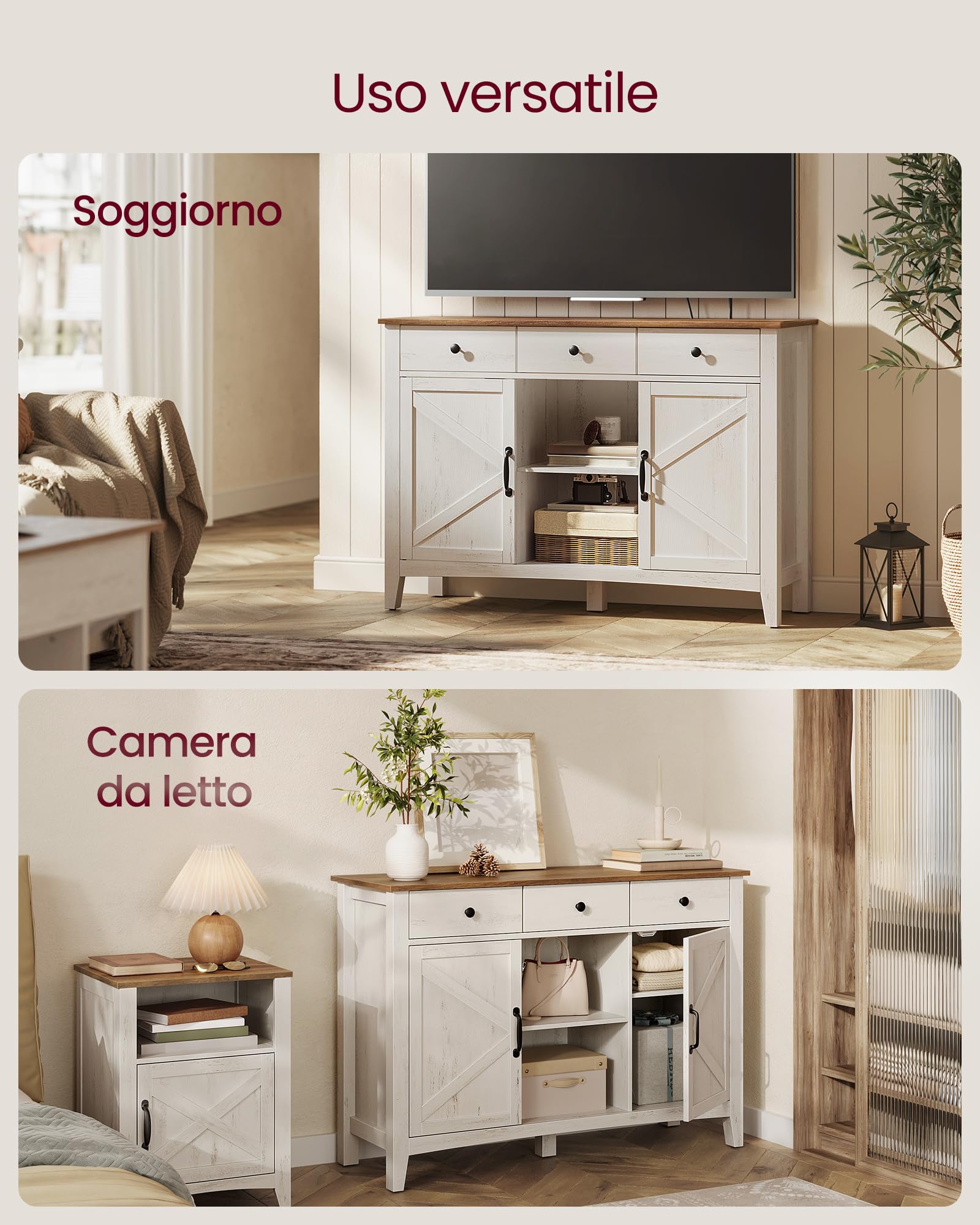 VASAGLE Mobiletto da cucina, credenza con cassetti, armadietto portaoggetti con ante, ripiano regolabile, stile rustico, per soggiorno, cucina, 40 x 114,5 x 80 cm, bianco vintage e marrone miele