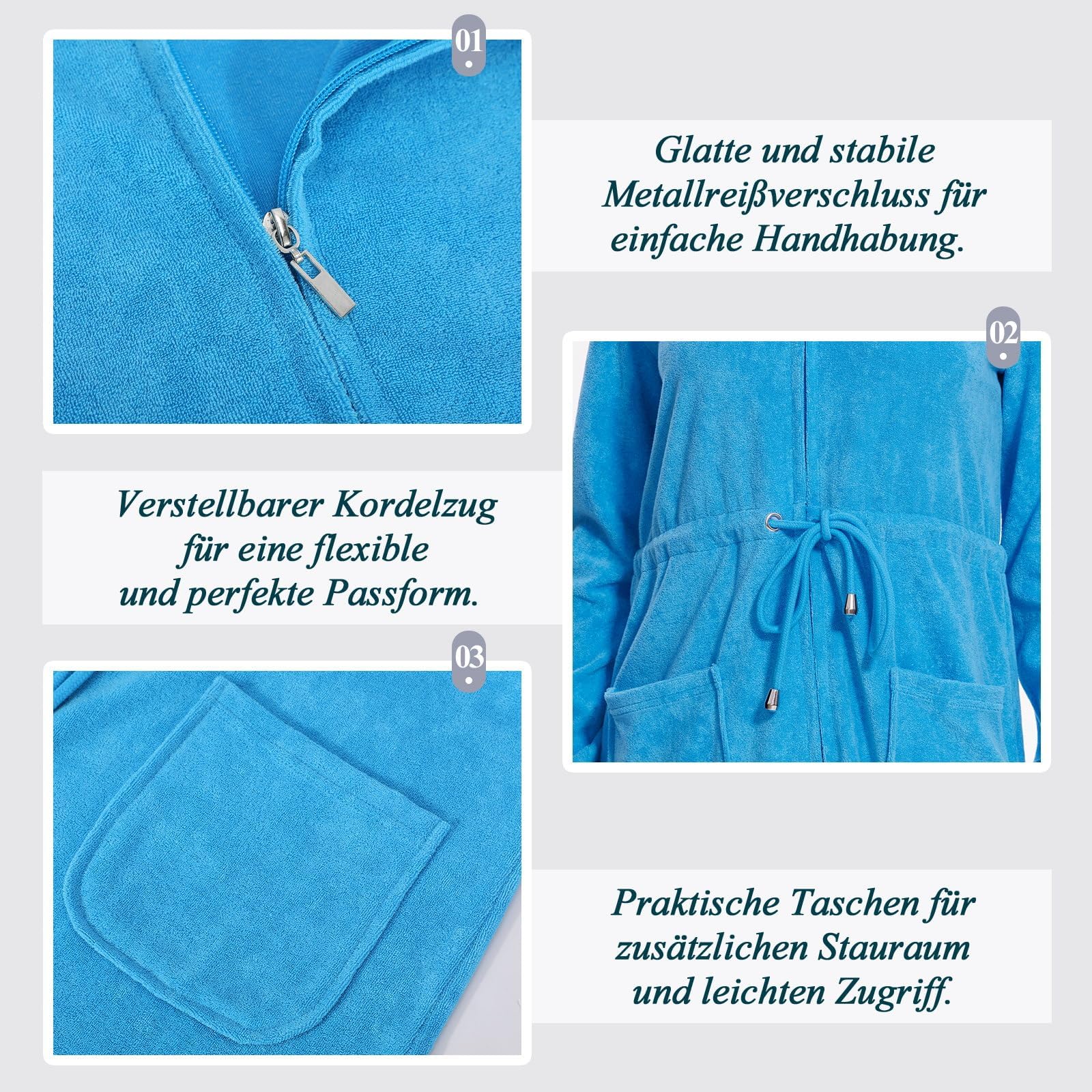 Eleganter Damen Bademantel mit Kapuze und Reißverschluss aus Frottee Kurz und Leicht