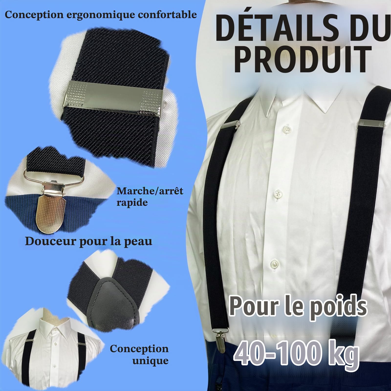 Bretelles robustes de 3,5 cm de large avec clips métalliques solides, élastiques réglables, taille unique pour homme et femme, affaires, mariage décontracté
