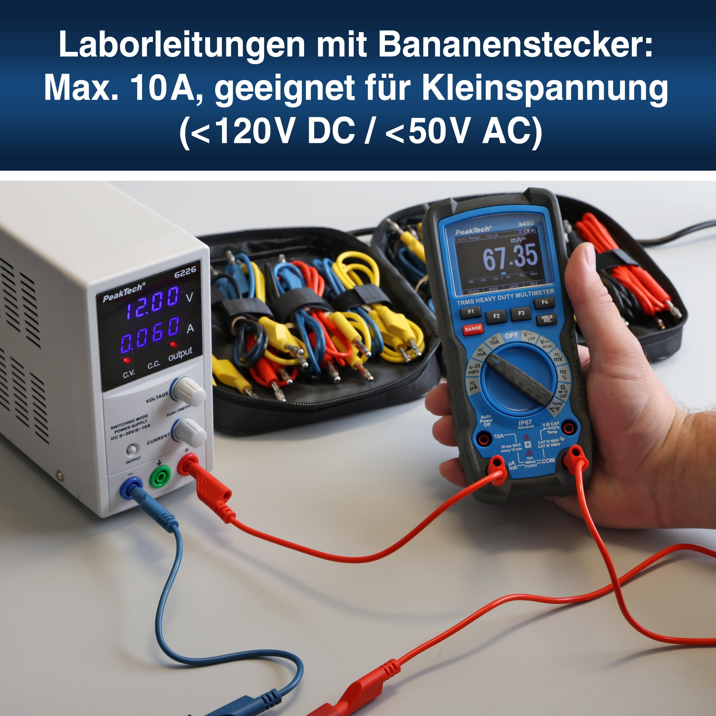 PeakTech P 8202, 24 Stück Messleitungen Set, 25cm - 200cm, Multimeter Test Kabel, Laborleitungen, Messkabel mit 4mm Bananenstecker, stapelbar, in 4 Farben je 25cm, 50cm, 75cm, 100cm, 150cm & 200cm