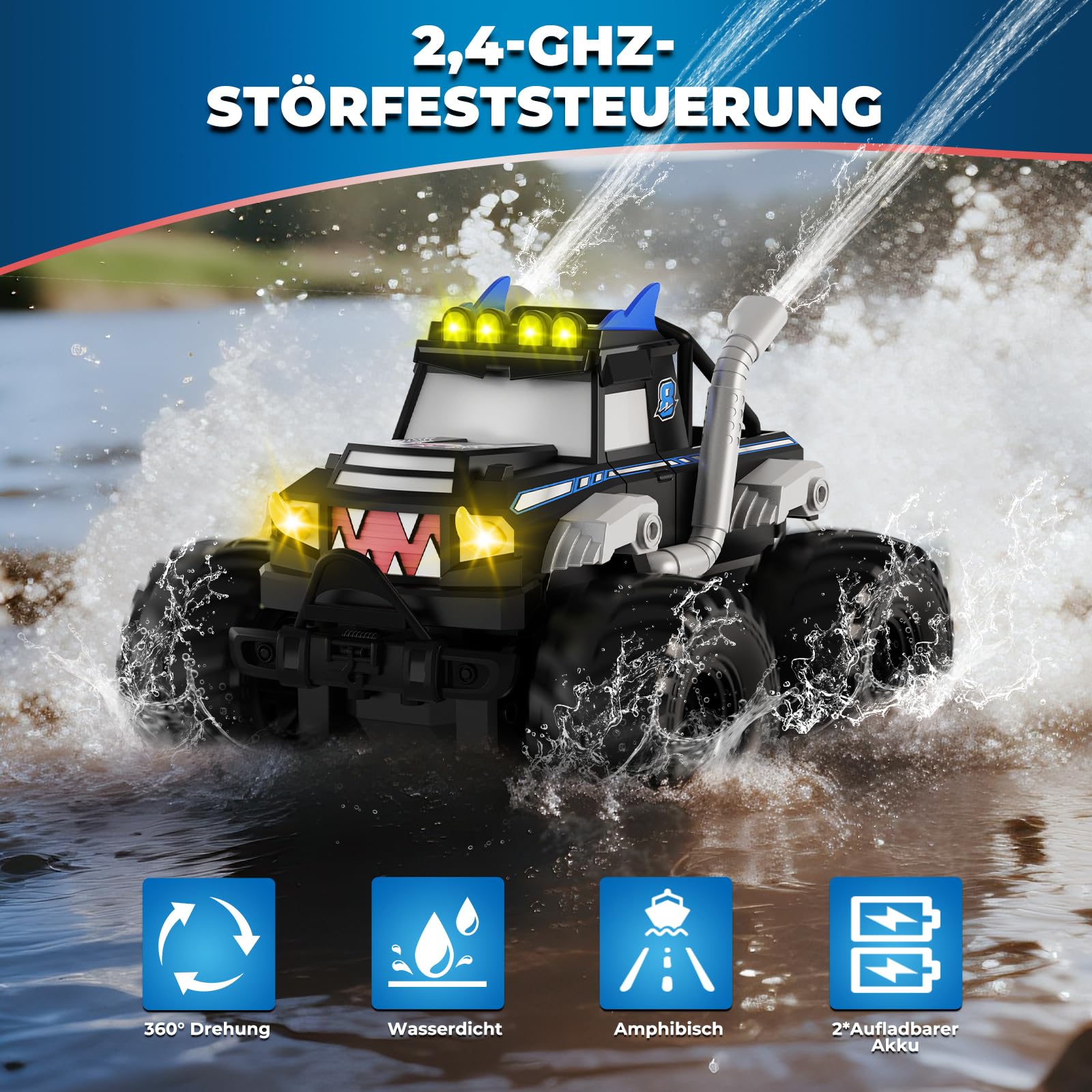 Amphibienfahrzeug Ferngesteuertes Auto ab 6 Jahre - 2.4GHz Monstertruck ferngesteuert RC Truck 30 km/h mit LED-Leuchten, 360°Rotation, Maßstab 1:16, 2 Akkus, Geburtstagsgeschenk für Jungen, Schwarz