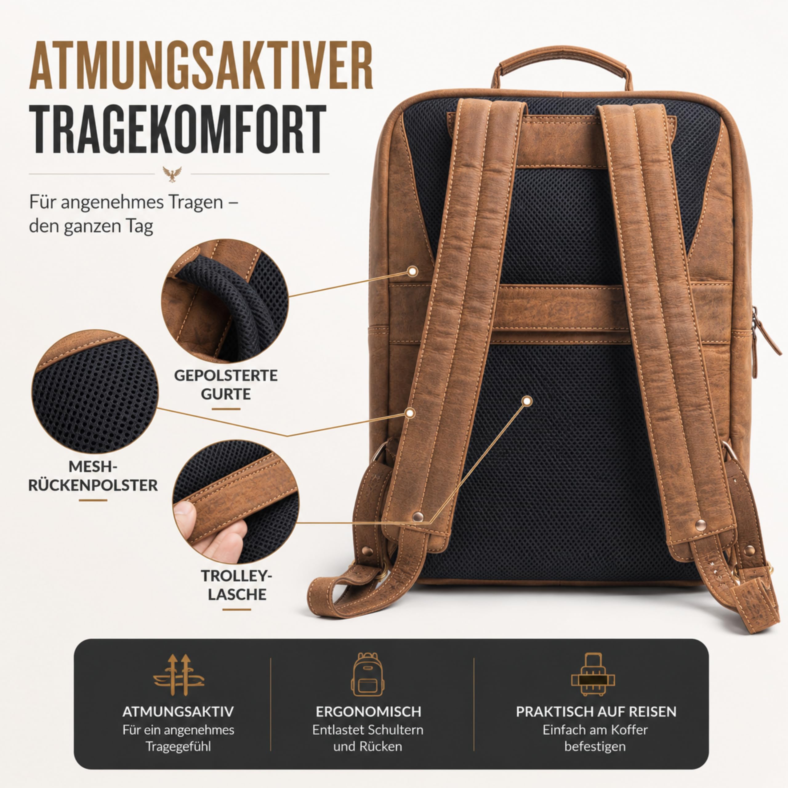 SAXUM Leder Rucksack Herren – Business Laptop Rucksack bis 16 Zoll – Echtleder Lederrucksack mit Laptopfach für Arbeit, Büro, Uni & Reise – geeignet Ryanair Handgepäck 40x30x20 - Braun