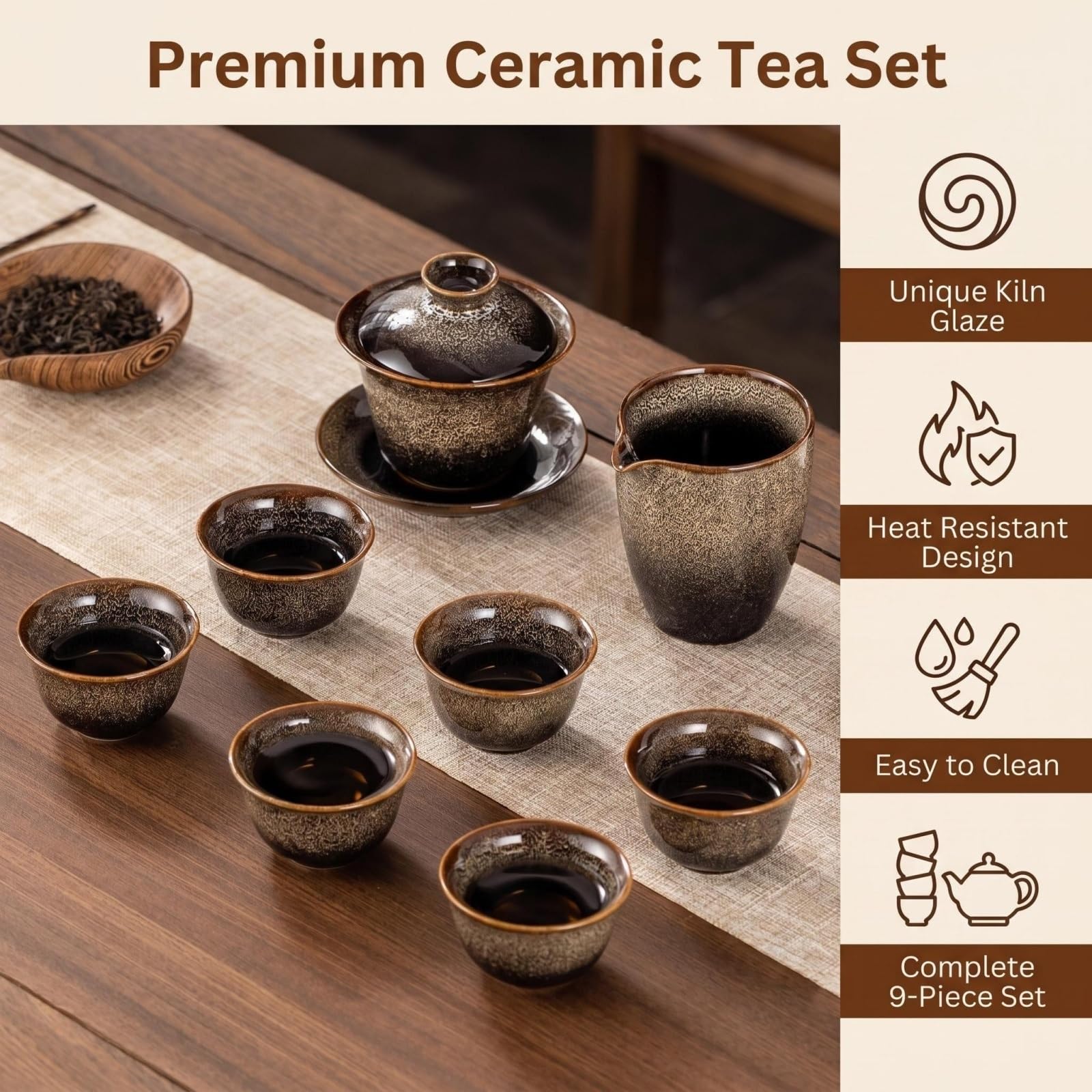 Gongfu zestaw do herbaty, 9-częściowy ceramiczny zestaw do herbaty dla dorosłych z Gaiwan, kubek Fair, sitko do herbaty i 6 filiżanek, tradycyjna chińska ceremonia parzenia herbaty niezbędna