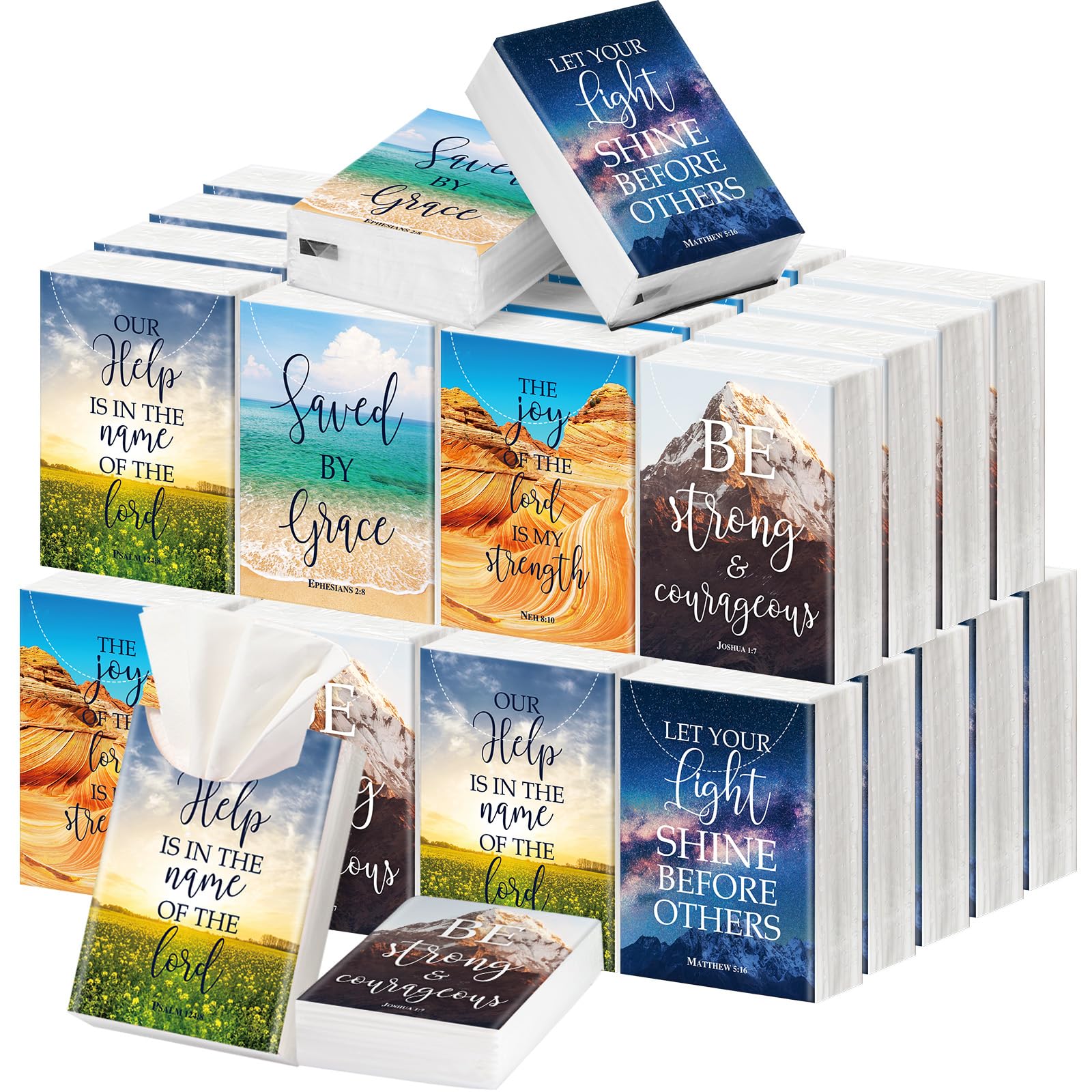 Outus Confezione da 50 fazzoletti tascabili cristiani, formato da viaggio, 4 strati, piccoli versi biblici, confezione da 400 fogli, regalo religioso ispiratore, per colleghi di chiesa, matrimoni