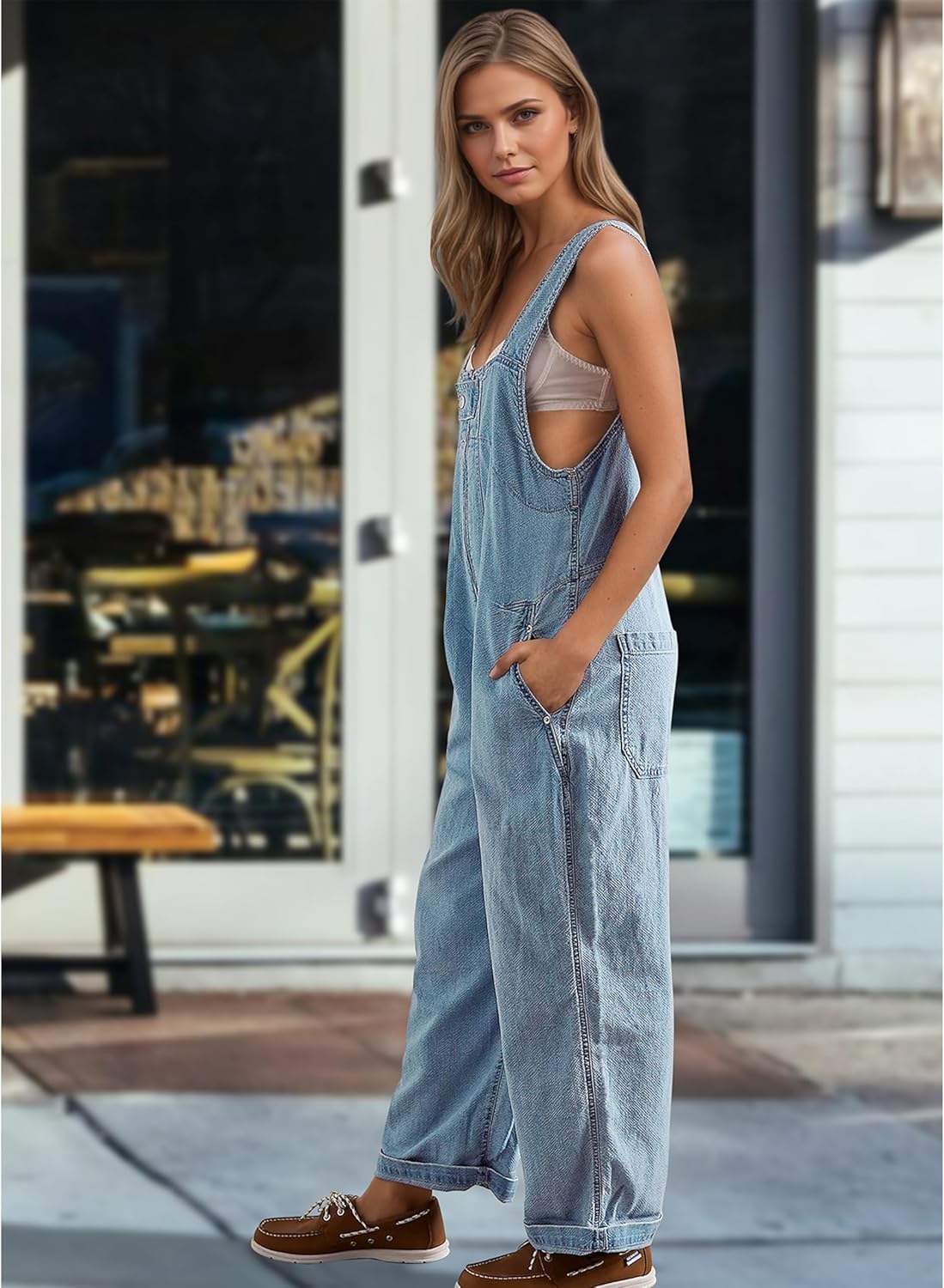 Fdakg Women's Denim Overalls Casual Loose Fit Wide Leg Jumpsuit Zipper Sleeveless Bib Overalls Jeans with Pockets - Image 5