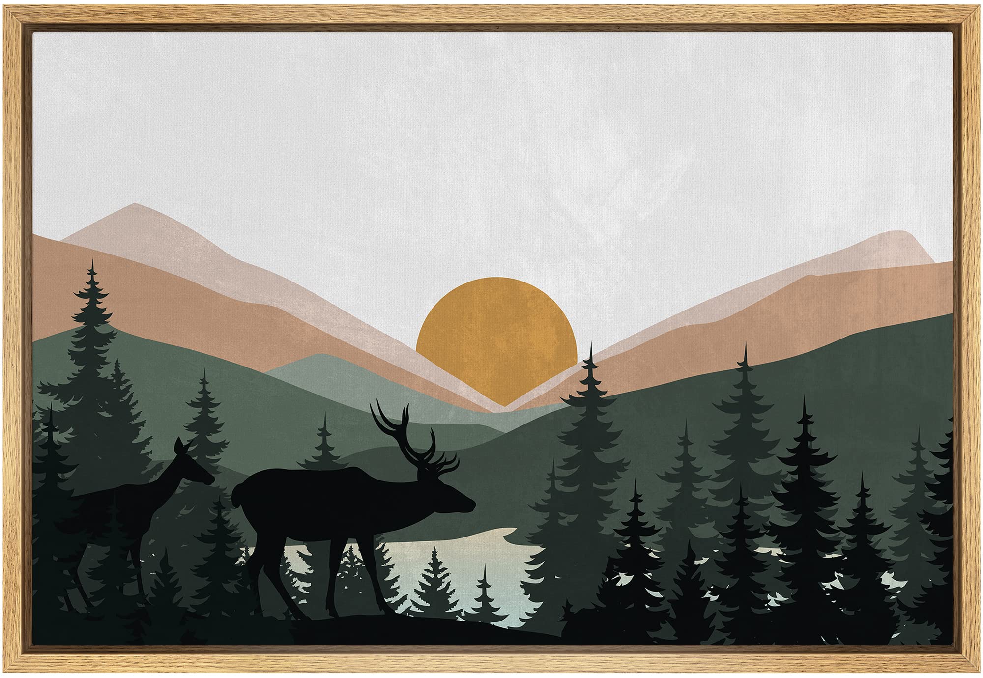 SIGNFORD Framed Canvas Print Wall Art Woodland Nursery Decor Sunlight Mountain Pine Forest Lake Nature Wilderness Art Decorative Boho Relax/Zen for Living Room, Bedroom, Office - 24"x36" Natural