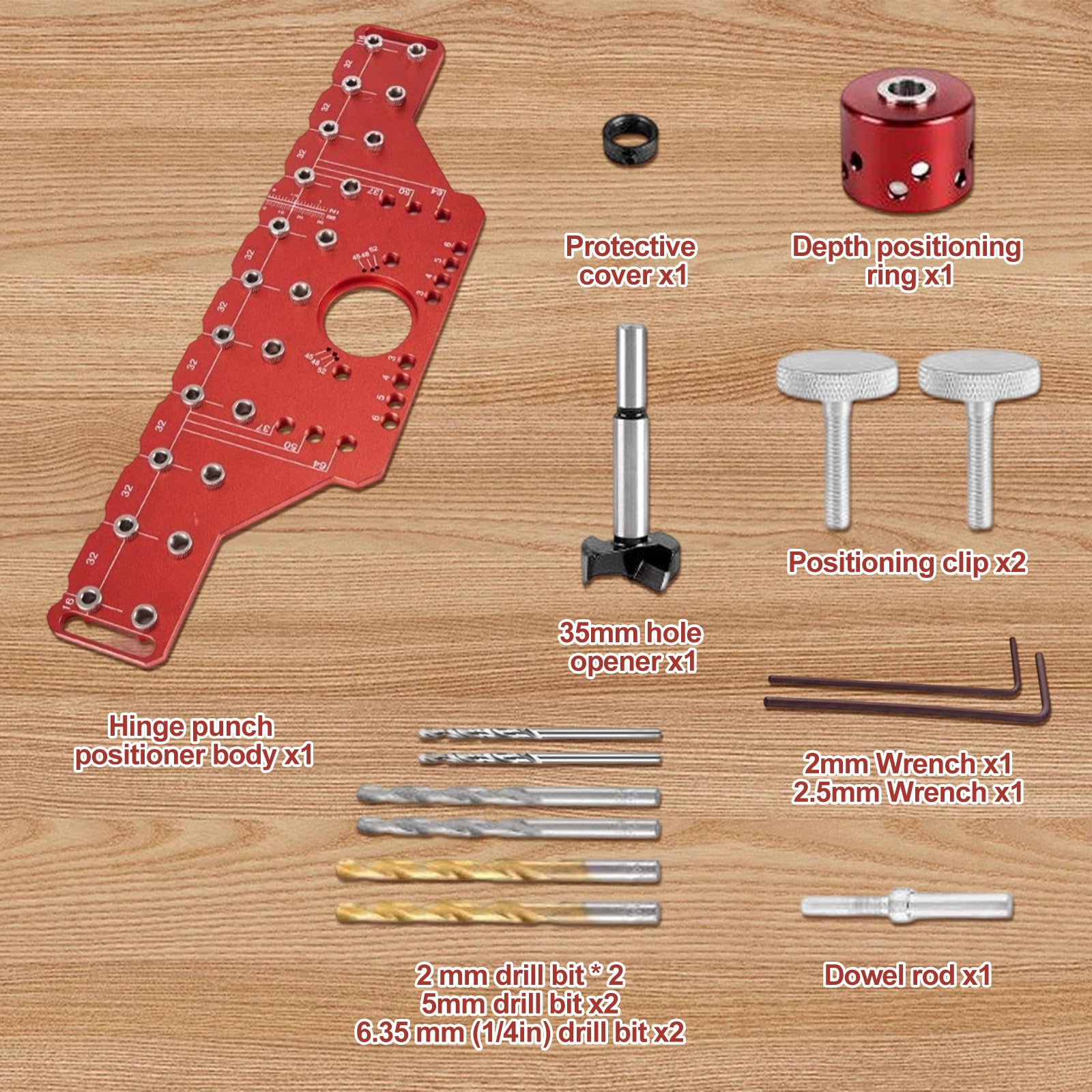 Gabarit de perçage 2 en 1 en alliage d'aluminium avec forets de 2 mm, 5 mm et 1/4" et dispositif de charnière de 35 mm, dispositif de goupille d'étagère pour goupilles d'étagère (style court) (long)