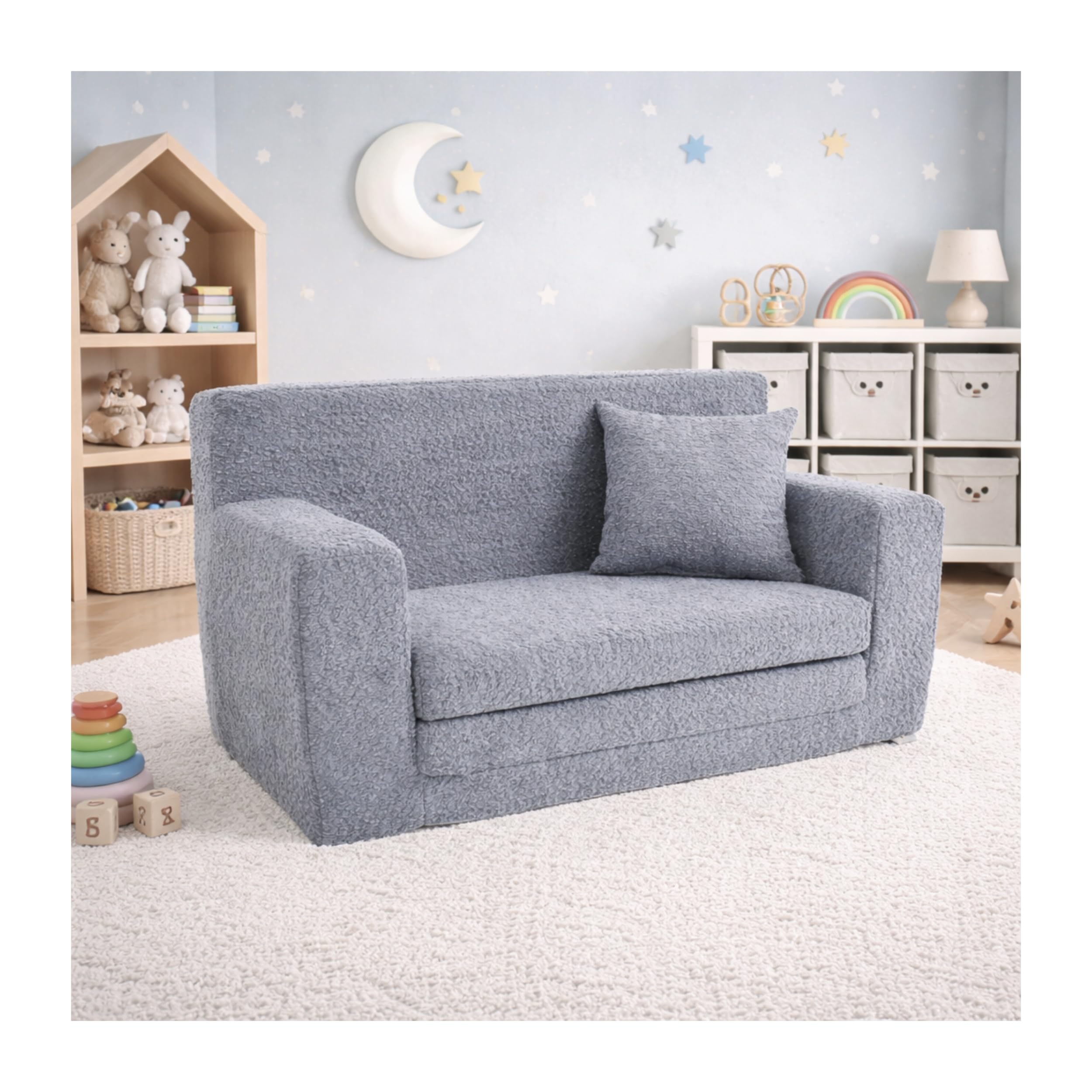 FORTISLINE Kindersofa aus Teddy-Stoff, ausklappbar, 83x43x47 cm, Kindercouch aus Schaumstoff mit abnehmbarem Bezug, Oeko-TEX, hergestellt in der EU, Grau