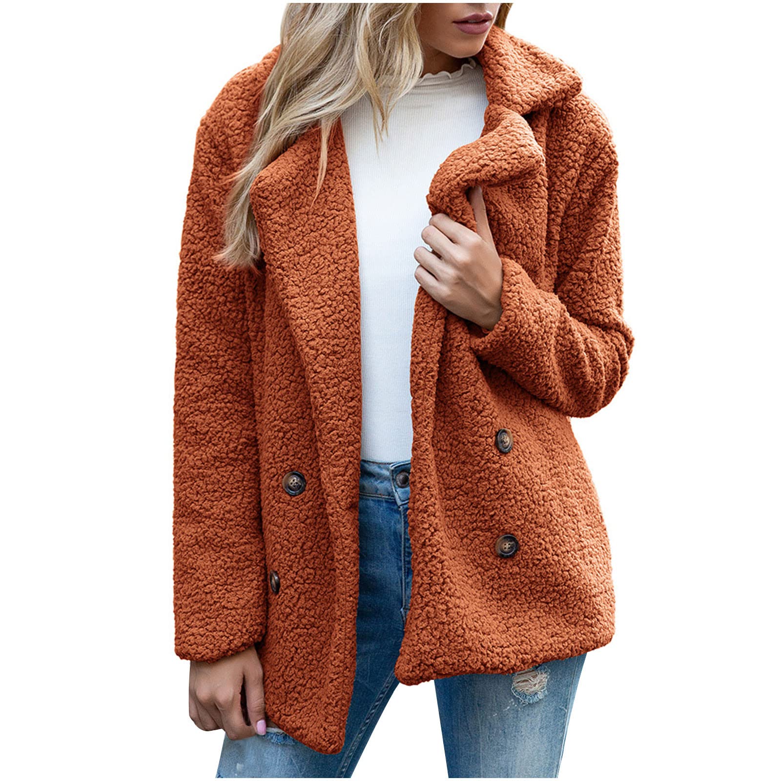 Womens Soft Fluffy Blazer Jacket Lapel Collar Warm Thick Fuzzy Teddy Fleece Casual Double Breasted Jackets Top