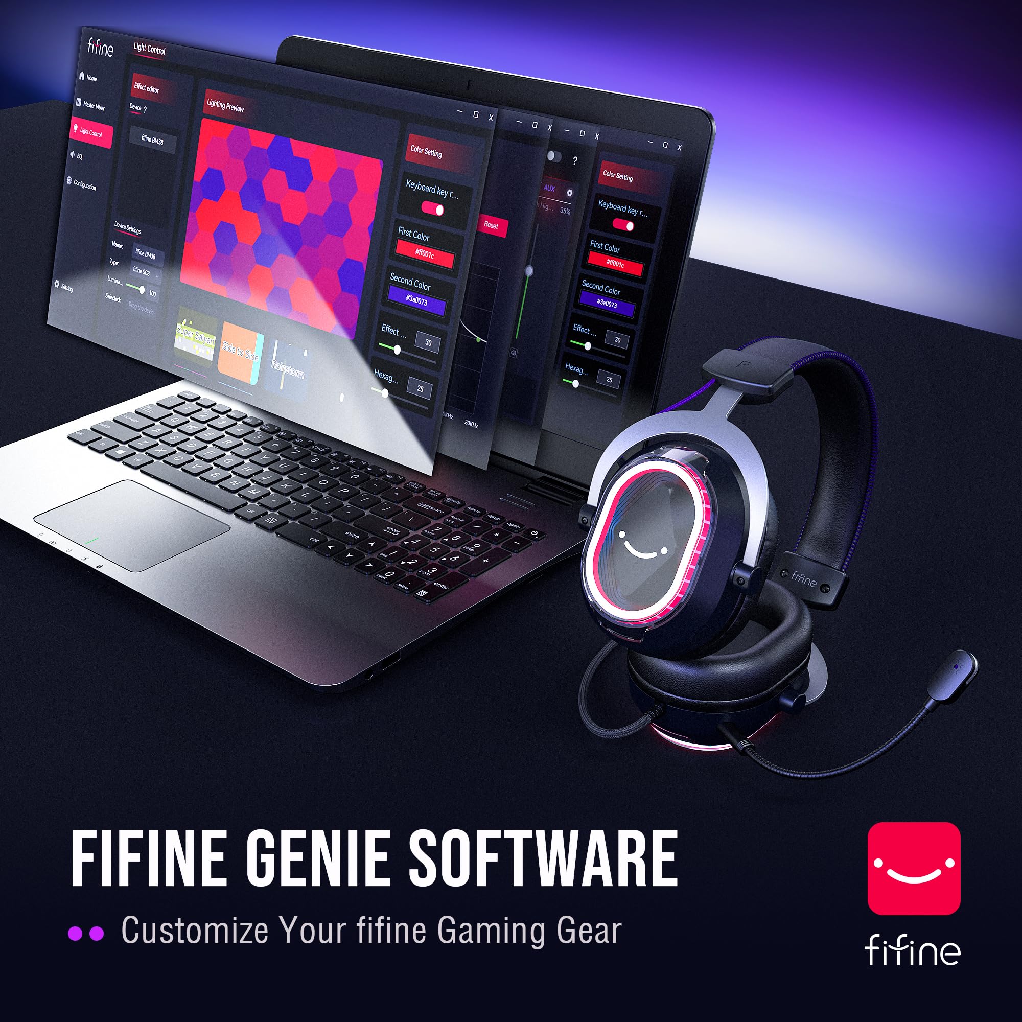 FIFINE Gamingowe słuchawki USB z balansem gry/czatu, dźwięk 7.1, mikrofon z redukcją szumów, RGB do streamingu dla Mac/PC/laptop/PS5/PS4 – H13BP