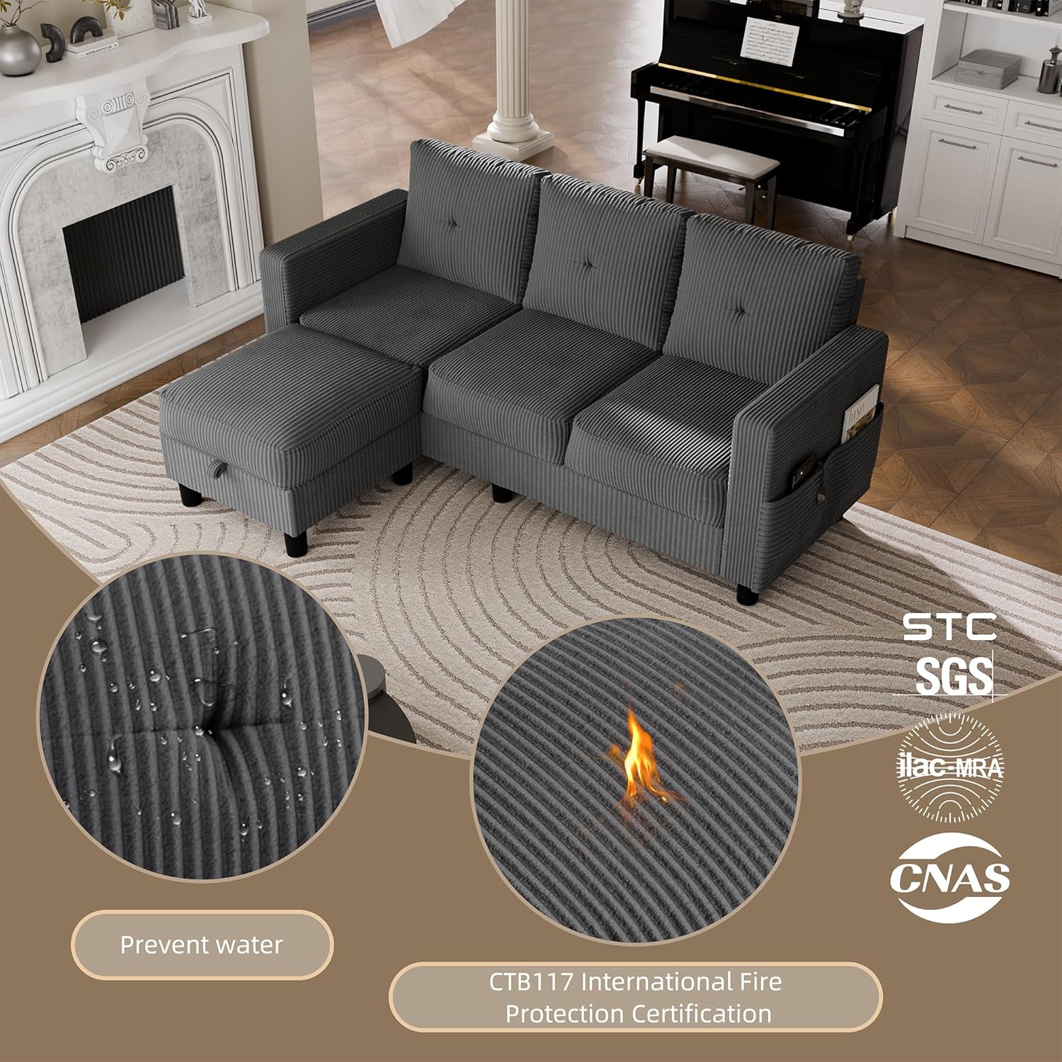 JAMFLY Convertible Sectional Couches for Living Room, L-Shaped Couch 3 Seat Sectional Sofa Set with Corduroy Fabric and Movable Ottoman Small Couch for Apartments, Office（Dark Grey）