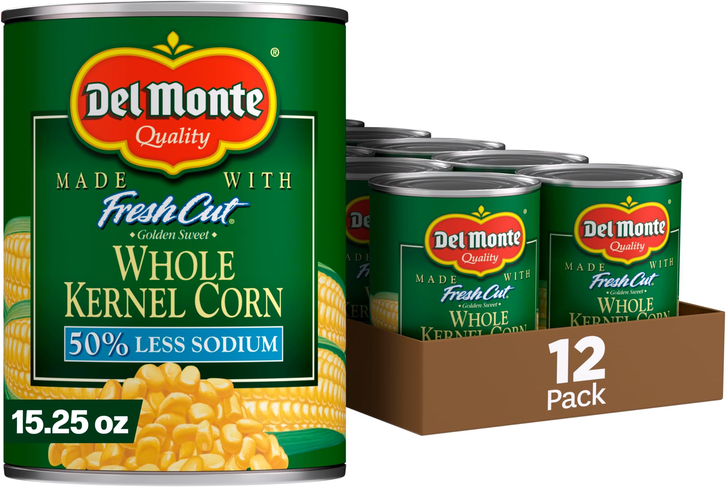 FRESH CUT 50% Reduced Sodium Golden Sweet Whole Kernel Corn, Canned Vegetables, 12 Pack, 15.25 oz Can