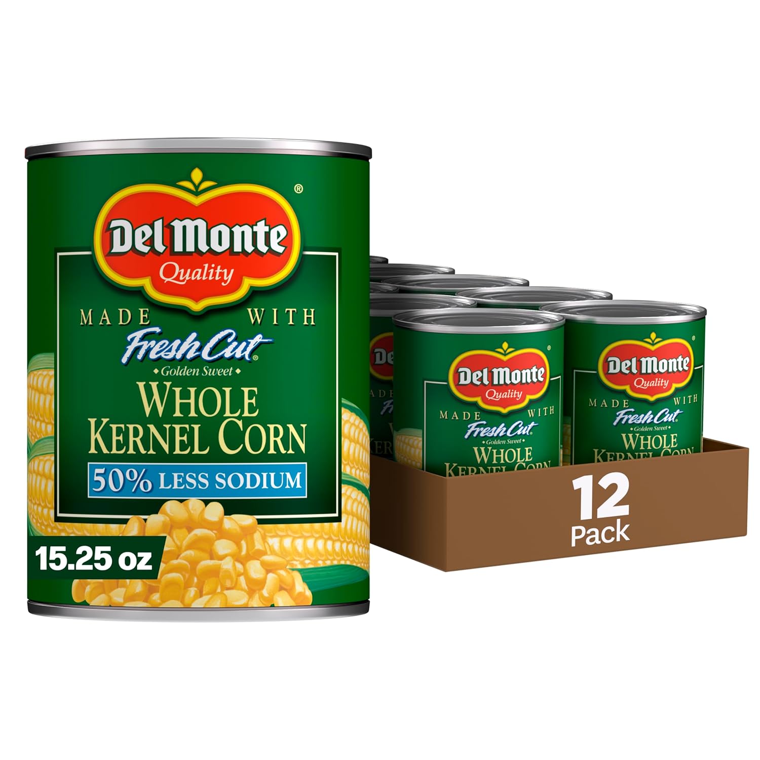 Del Monte Fresh Cut 50% Reduced Sodium Golden Sweet Whole Kernel Corn, 12-Pack 15.25oz Cans - Non-GMO