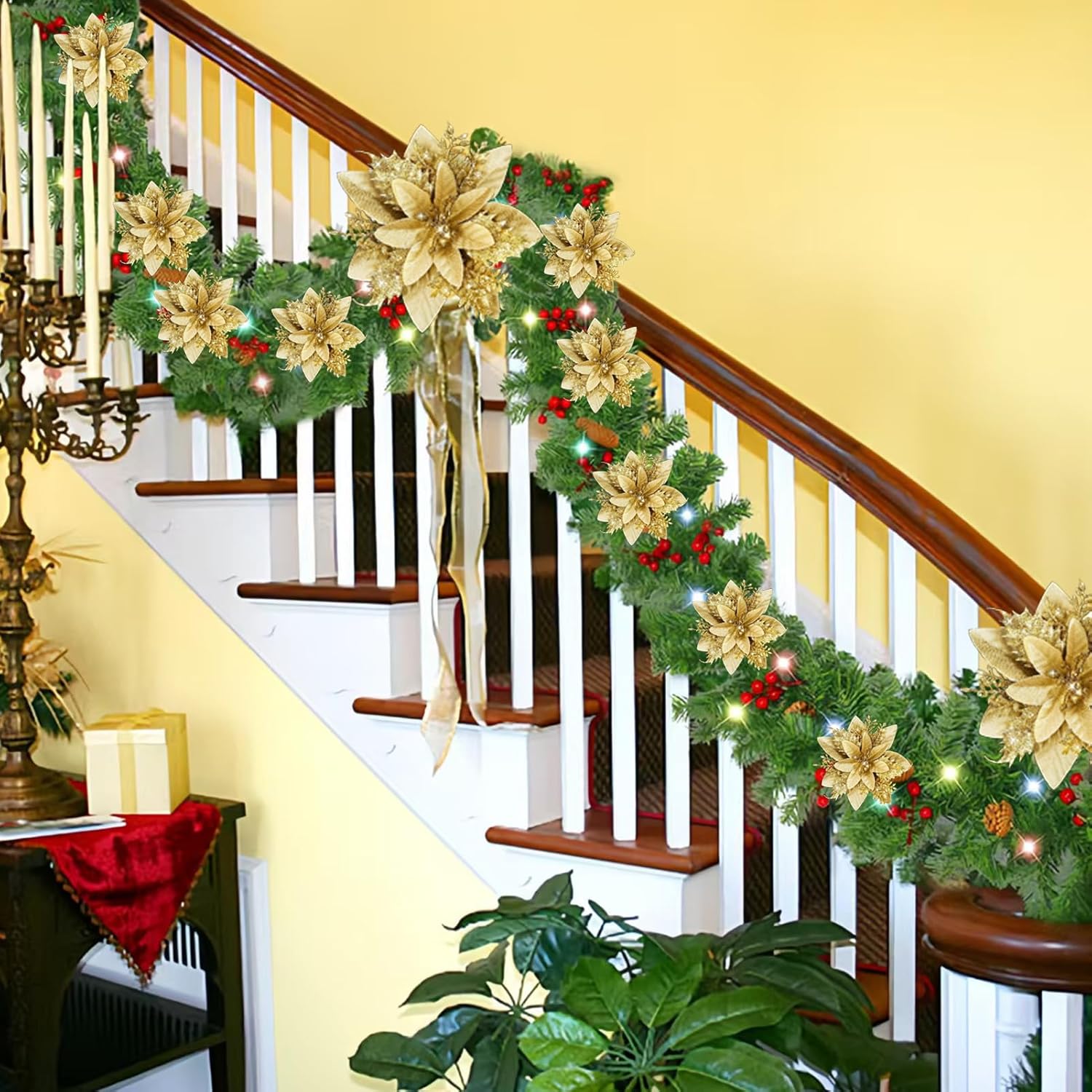 12pcs Artificial Flowers Glitter Poinsettia Christmas Decorations Xmas Tree Ornaments for Wedding Tree New Year Ornaments Xmas Garland Wreath Decorations(Gold)