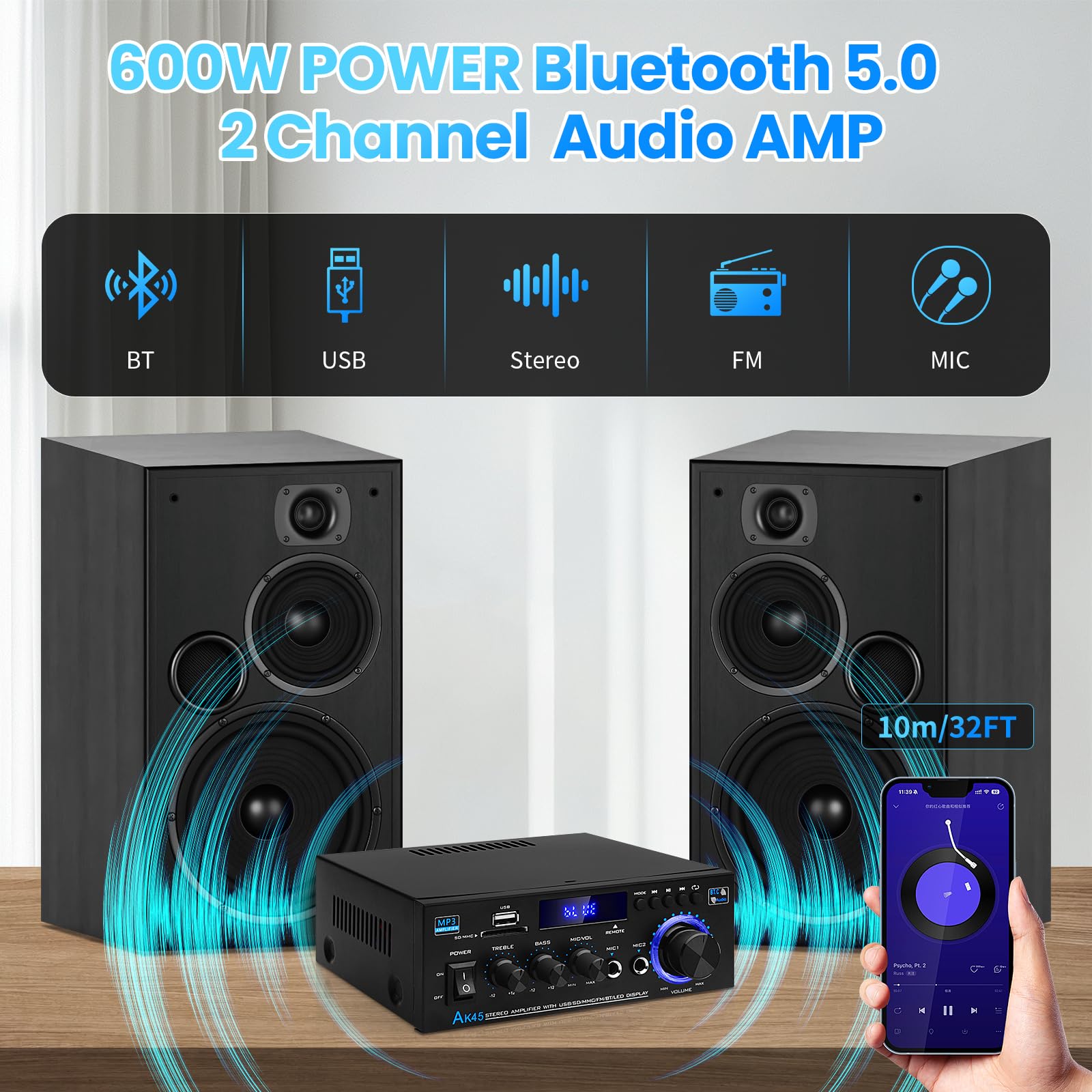 AK45 Bluetooth 5.0 Power Amplifier 2.0CH 40W x 2 Output Max 400W Subwoofer Hi-Fi Audio Amplifier Stereo Amp Receiver for Home Theater and Car Speaker W/Mic USB FM Radio — Amazon image 2