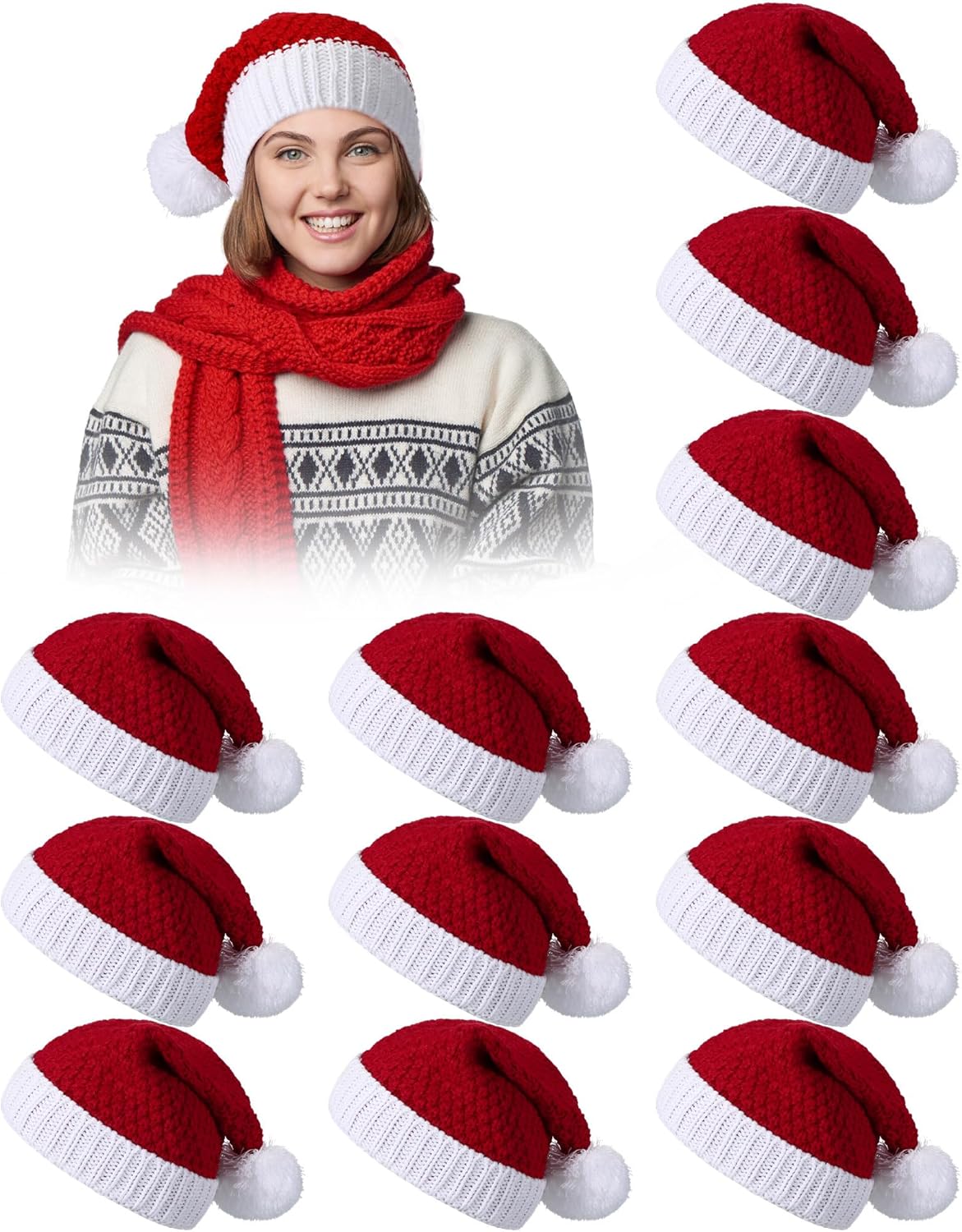 Liitrsh 12 Pack Knitted Santa Hats Bulk Winter Beanie Hats Soft and Warm for Adult Teens Women Men Holiday Gift Christmas Party, Red and White