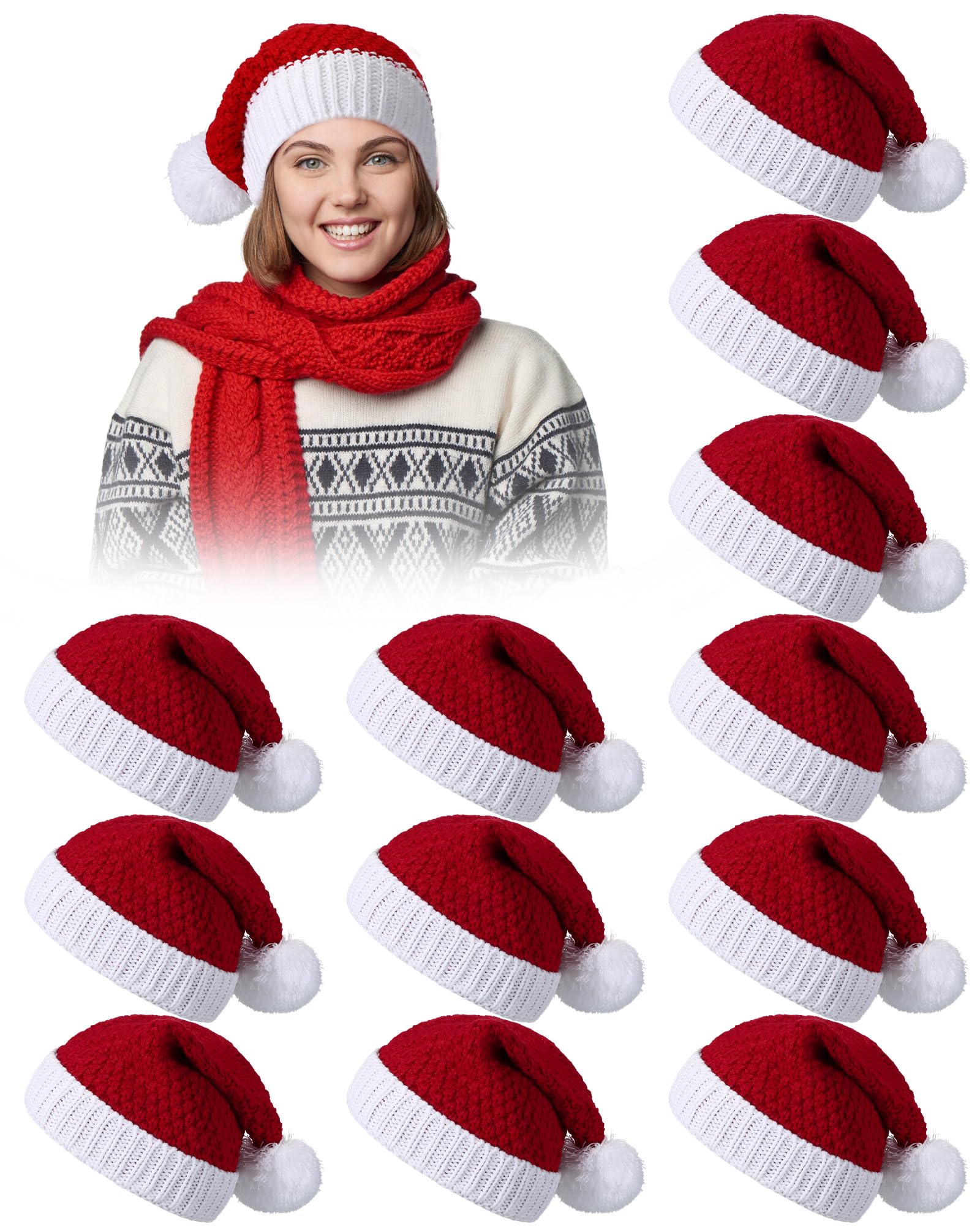 Liitrsh 12 Stück gestrickte Weihnachtsmannmützen, Großpackung, Wintermützen, weich und warm, für Erwachsene, Teenager, Damen, Herren, Urlaubsgeschenk, Weihnachtsfeier, Rot und Weiß