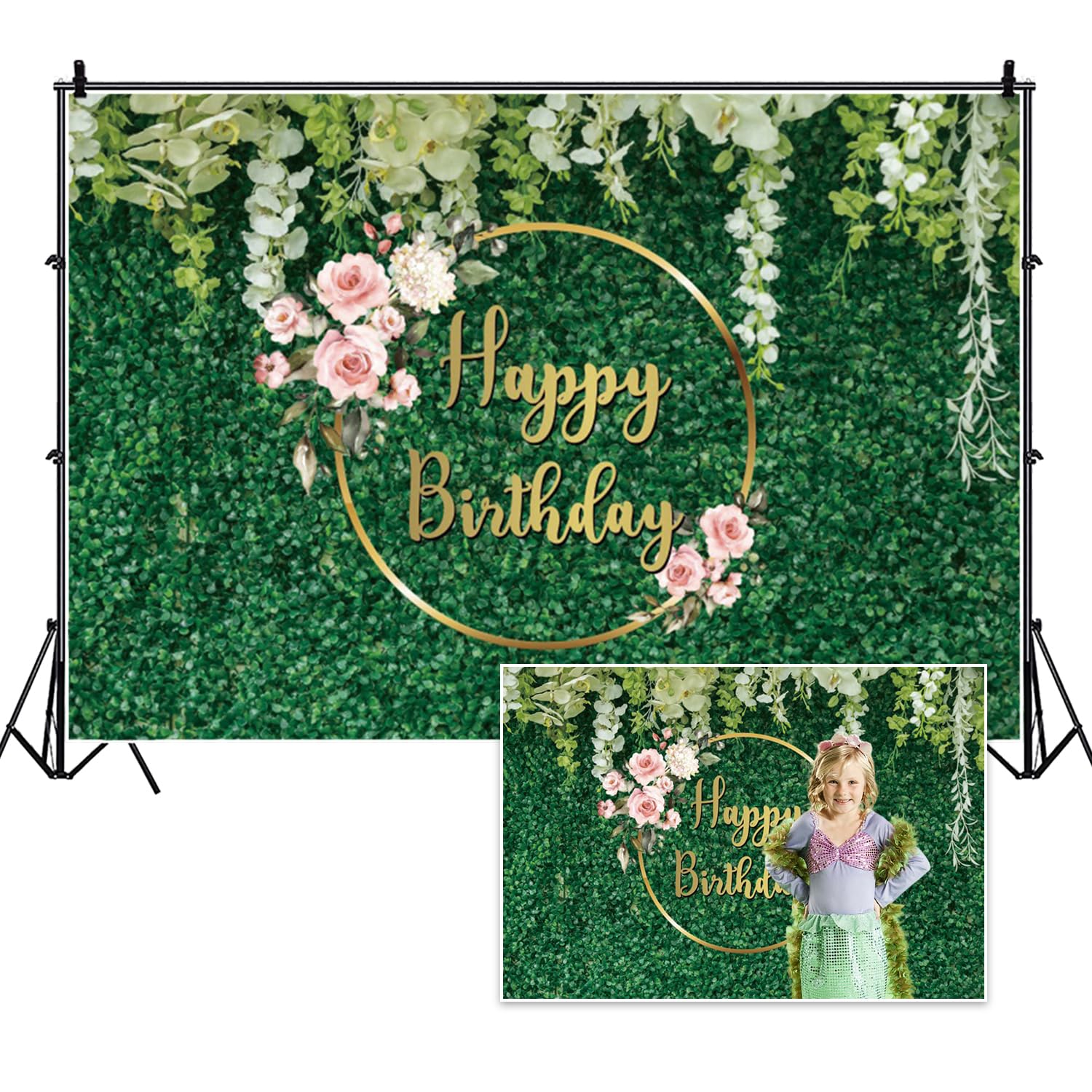 Vie Savaran 7x5ft Happy Birthday Backdrop Green Grass Flowers Wall Rose Floral Greenery Leaves Photography Background Birthday Jungle Party