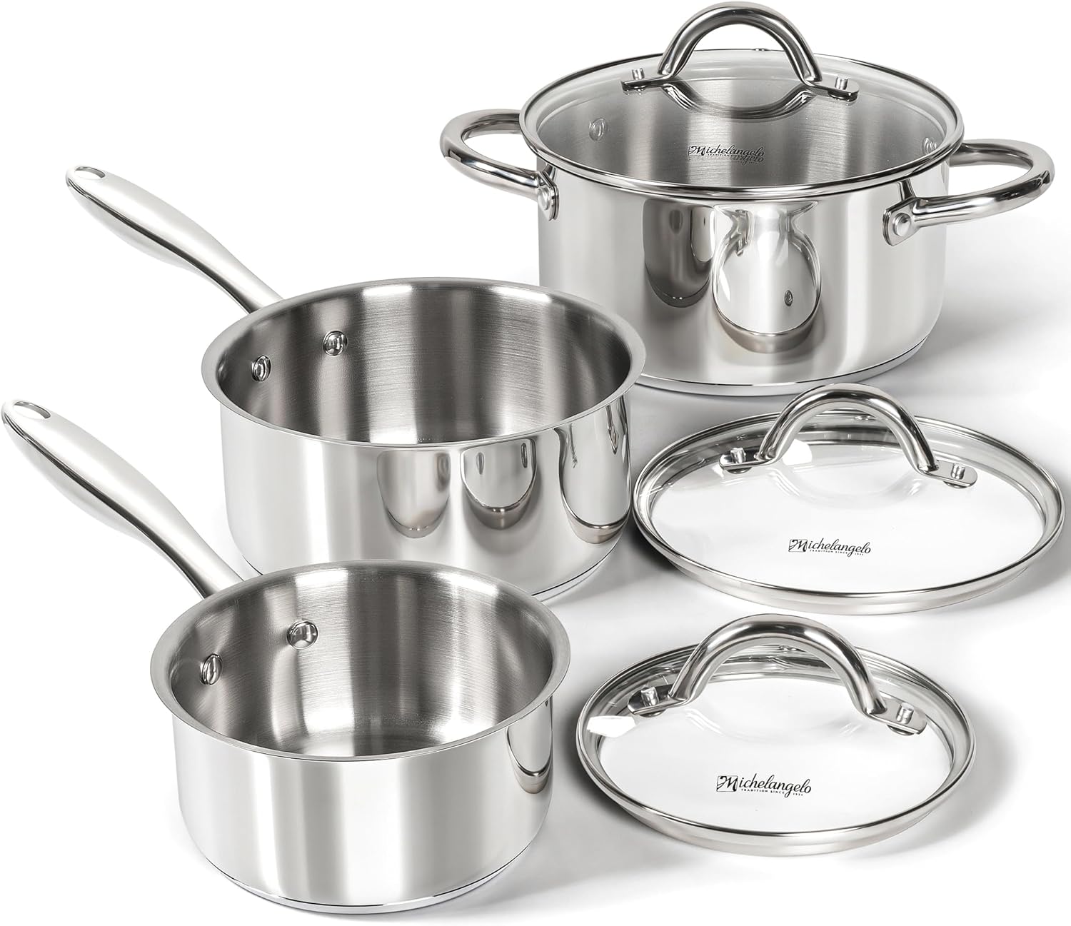 MICHELANGELO Saucepan Set 6pc, 18/10 Stainless Steel Saucepans with Lids, Tri-Ply Bottom, Dual Handle 3QT, Induction Compatible Sauce Pots, 1QT & 2QT & 3QT