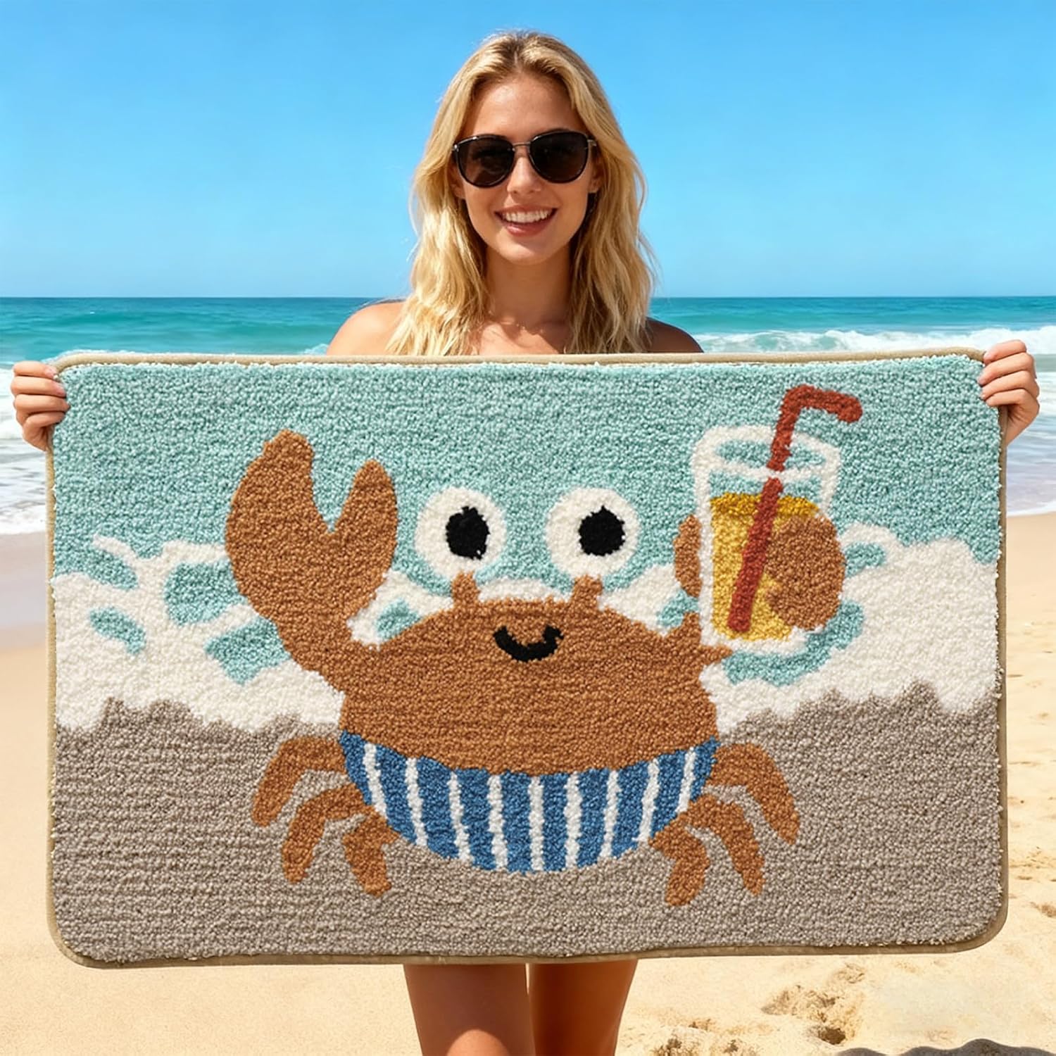 Beach Crab Bath Mat with Swim Trunks & Drink, Absorbent Soft Plush Non-Slip Bathroom Rug, Machine Washable Summer Coastal Nautical Decor Bath Rugs for Bathroom Balcony Living Room 20x31 Inch (Crab1)