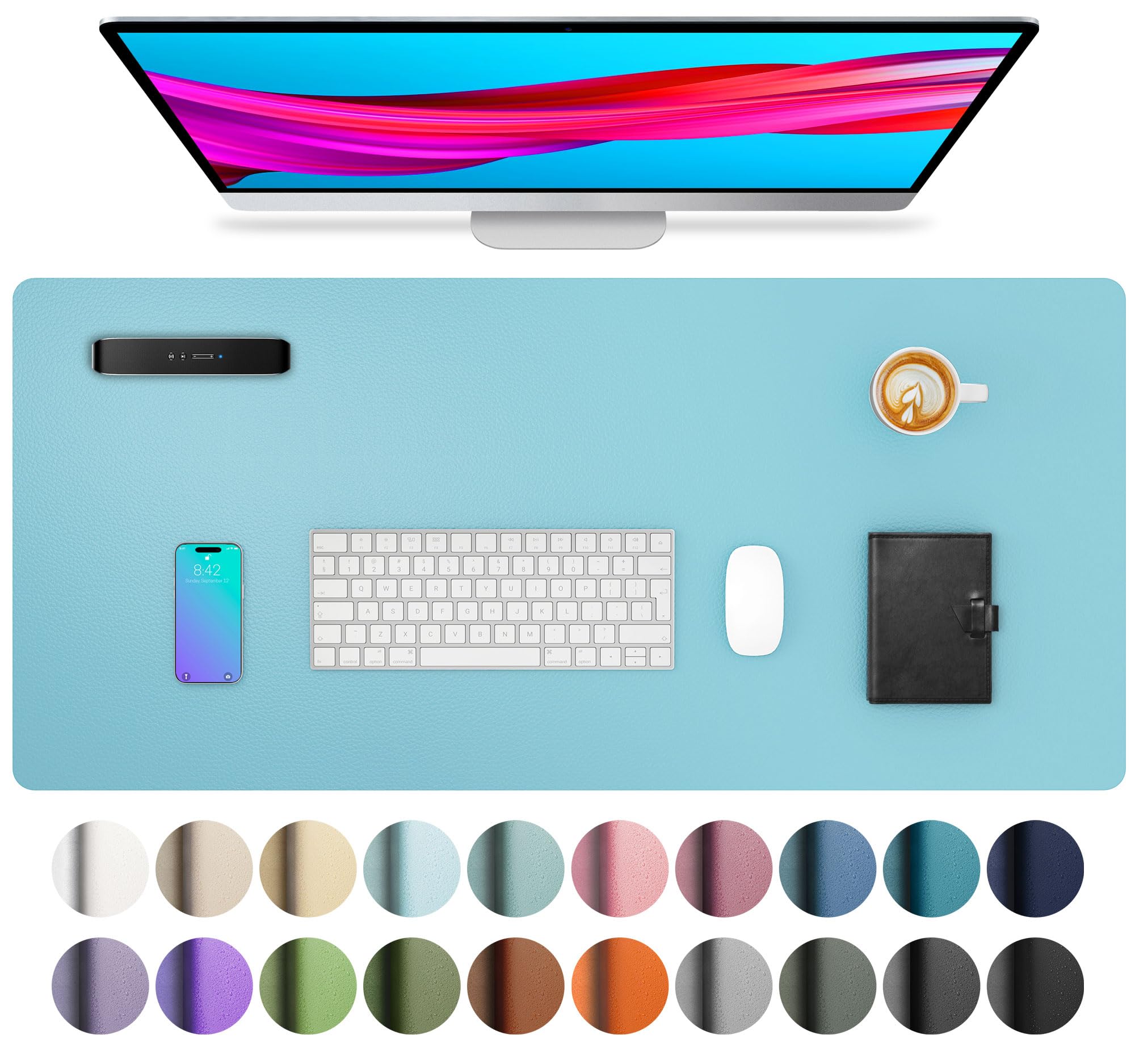 Aothia Large PU Leather Desk Pad Protector – Non-Slip Mouse Pad & Writing Mat for Office/Home, Waterproof, Easy to Clean (31.5" x 15.7", Blue Topaz)