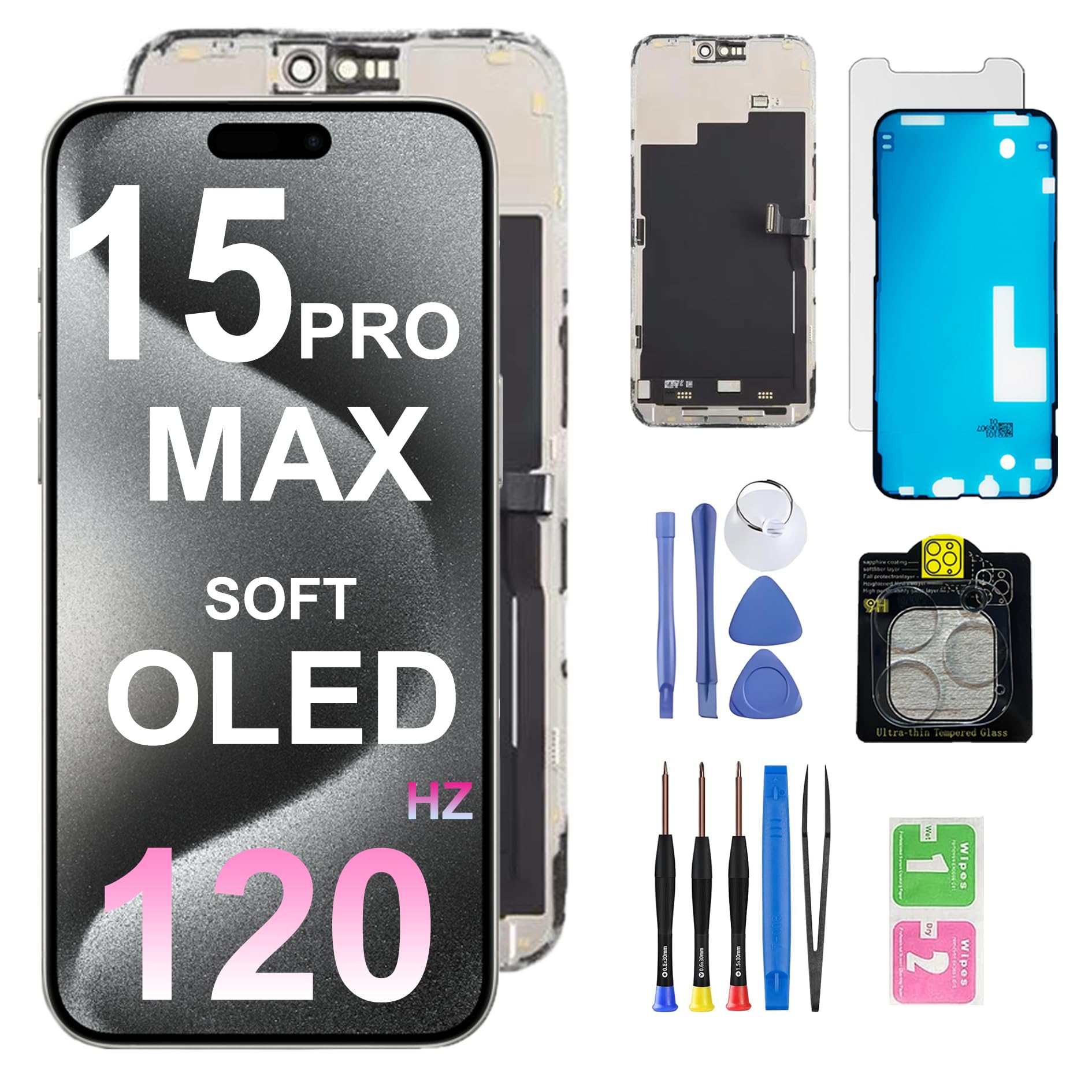 Zamiennik ekranu do iPhone'a 15 PRO MAX. 16,7 cala [miękki OLED] wyświetlacz. 120 Hz 3D dotykowy digitizer montaż dla (A 3105 A3106 A3108 z narzędziami naprawczymi, wodoodporna membrana