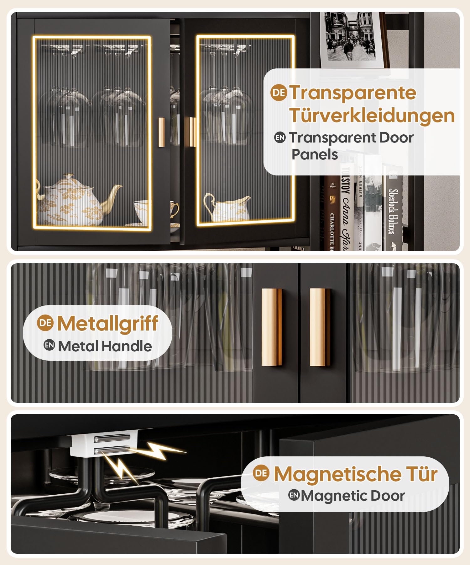 Yorbay Weinschrank für 20 Flaschen, Mehrschichtig Freistehendes Weinregal mit Tür und Glashaltere, Dekorativer Flaschenregal mit Seitenrahmen für Boden, Bar, Küche, Esszimmer