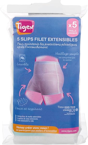 Tigex Slip Jetable Maternité, Filet Extensibles, Lavable, Taille Unique, Blanc, Lot de 5 - 1
