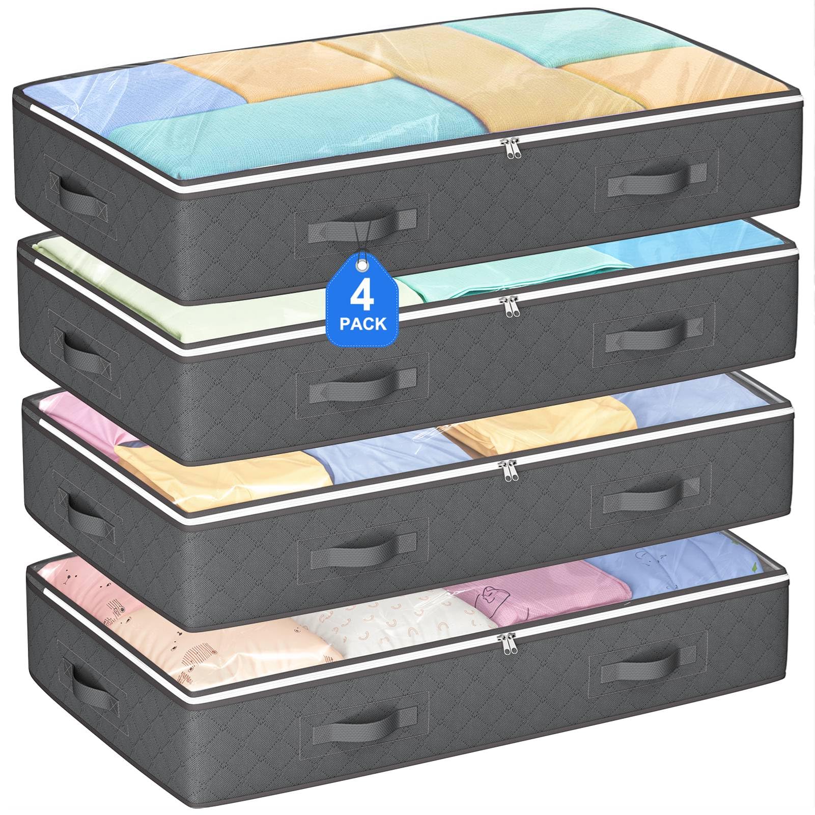 8er-Pack Unterbett-Aufbewahrungstaschen, 90 l, Stoff, großer faltbarer Kleider-Organizer mit klarem Fenster und verstärkten Griffen für Decken, Bettwäsche, Kissen, Plüschtiere und