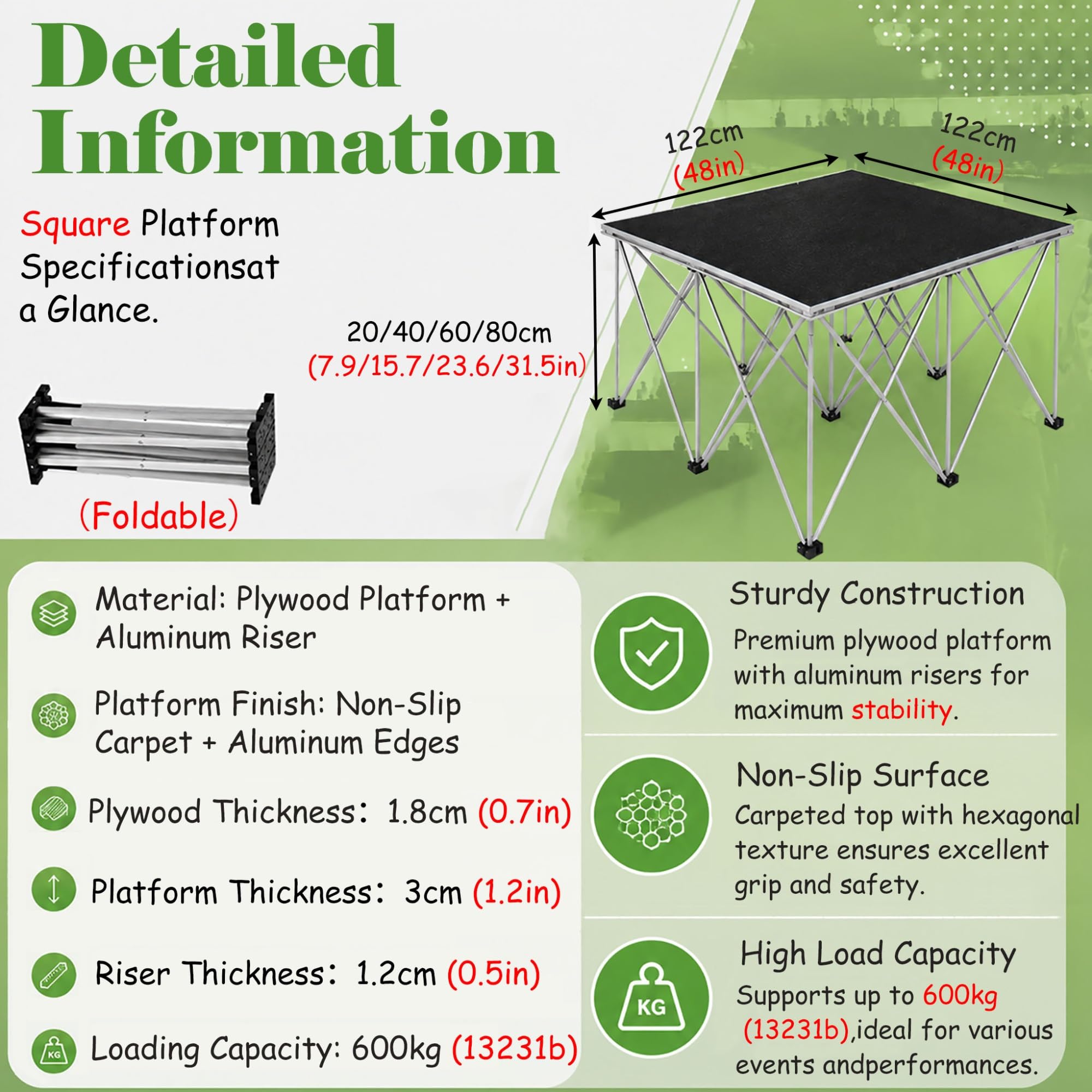 Palco Portatile Commerciale con Struttura in Alluminio, Piattaforma ad Alta Portata per Matrimoni, Canto e Danza, Superficie Antiscivolo(122x122x80cm/48x48x31.5″)
