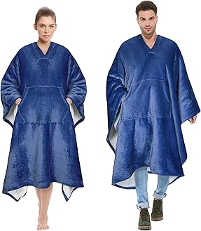 Tirrinia Sherpa Wearable Blanket Super Soft Comfy Plush Fleece Poncho for Adult Women Men Kids Throw Wrap Cover Sweatshirt Indoors or Outdoors, 55''x 80'' Navy