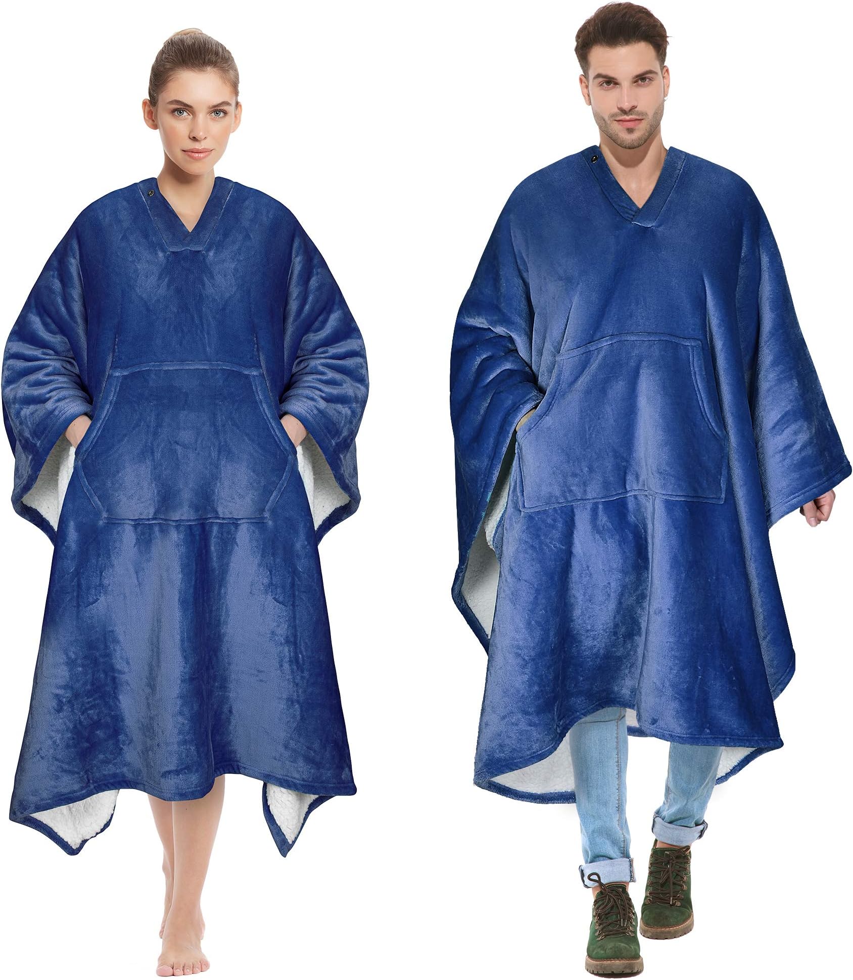 Tirrinia Sherpa Wearable Blanket Super Soft Comfy Plush Fleece Poncho for Adult Women Men Kids Throw Wrap Cover Sweatshirt Indoors or Outdoors, 55''x 80'' Navy