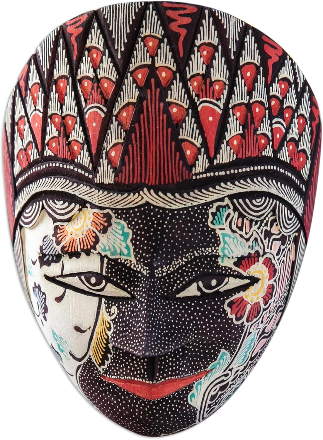 NOVICA Artisan Handmade Batik Wood Mask of Hindu Goddess Sita Java Multicolor Black Indonesia Cultural Folk Art Hinduism Floral Leaf Tree 'Purity Sita'