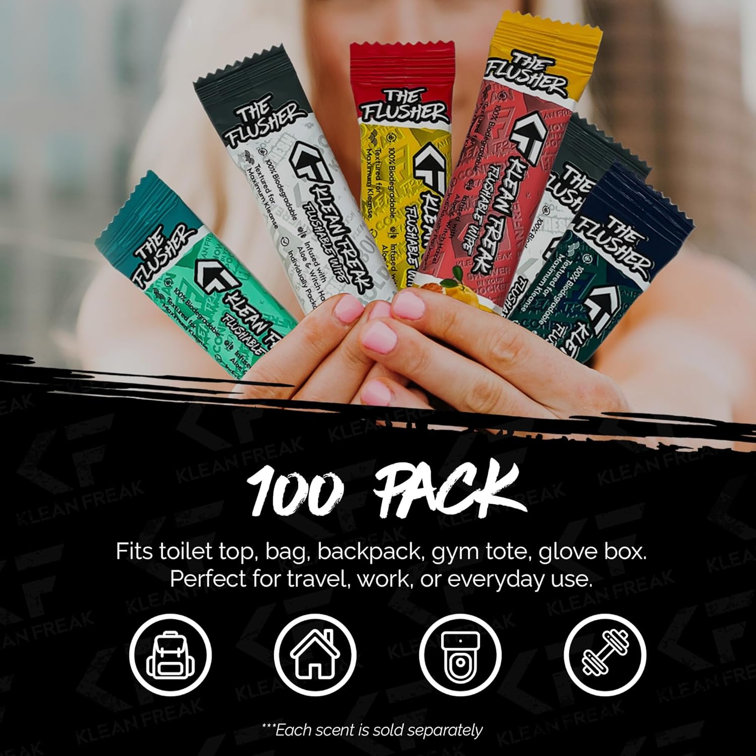 THE KLEAN FREAK FLUSHER - 100 Pack FLUSHABLE WIPES Flushable Wipes For Adults & Kids Unscented/Scented - 100% BIODEGRADABLE Individual Wrapped Travel WET Wipe for Toilet - Scent Free