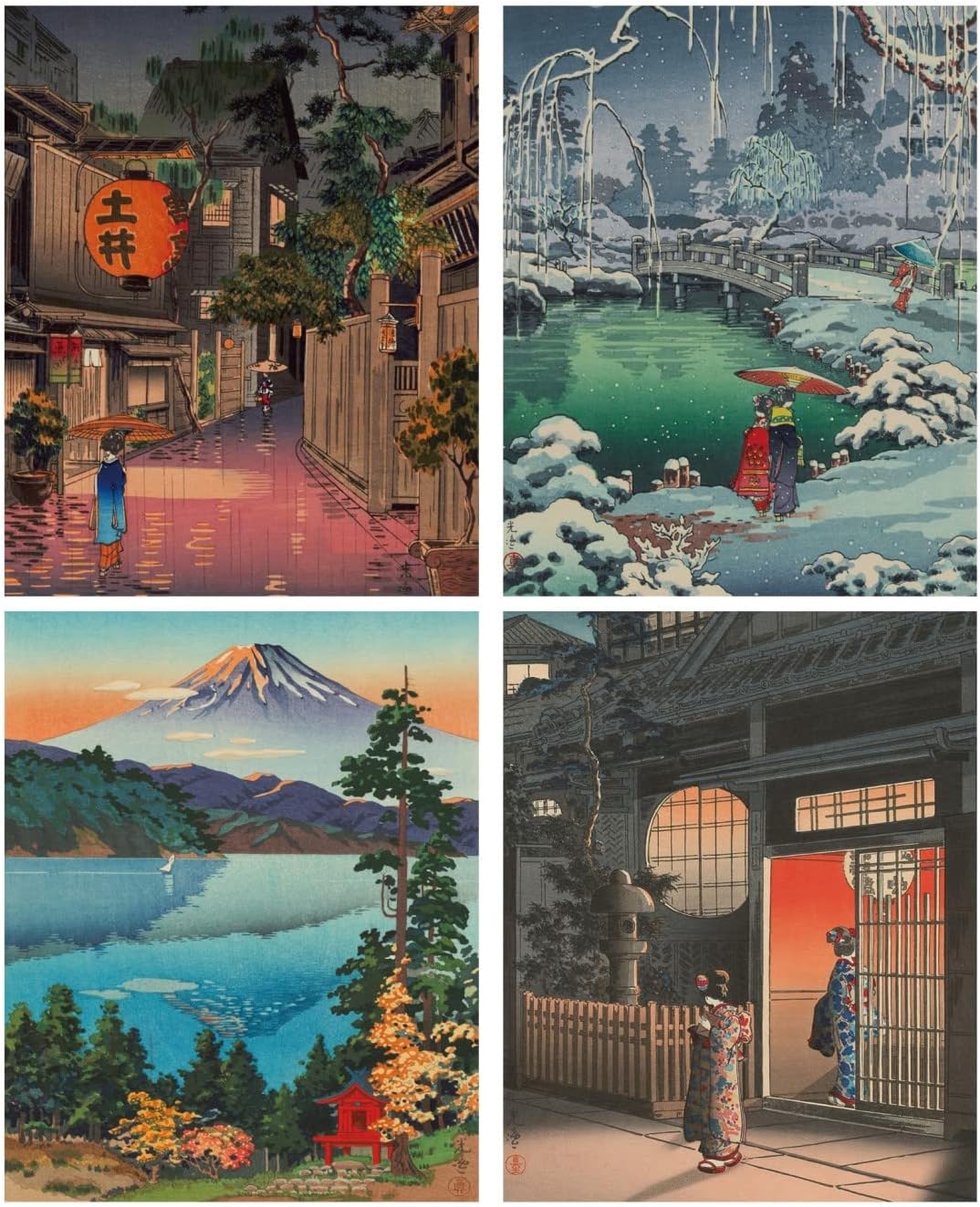MINI ZOZI Japanese Wall Art Room Decor 8x10 4pcs Traditional Tsuchiya Koitsu Artwork Ukiyoe Paintings Aesthetic Asian Vintage Retro Posters Picture Prints Cool Cute Poster Colorful UNFRAMED Japan