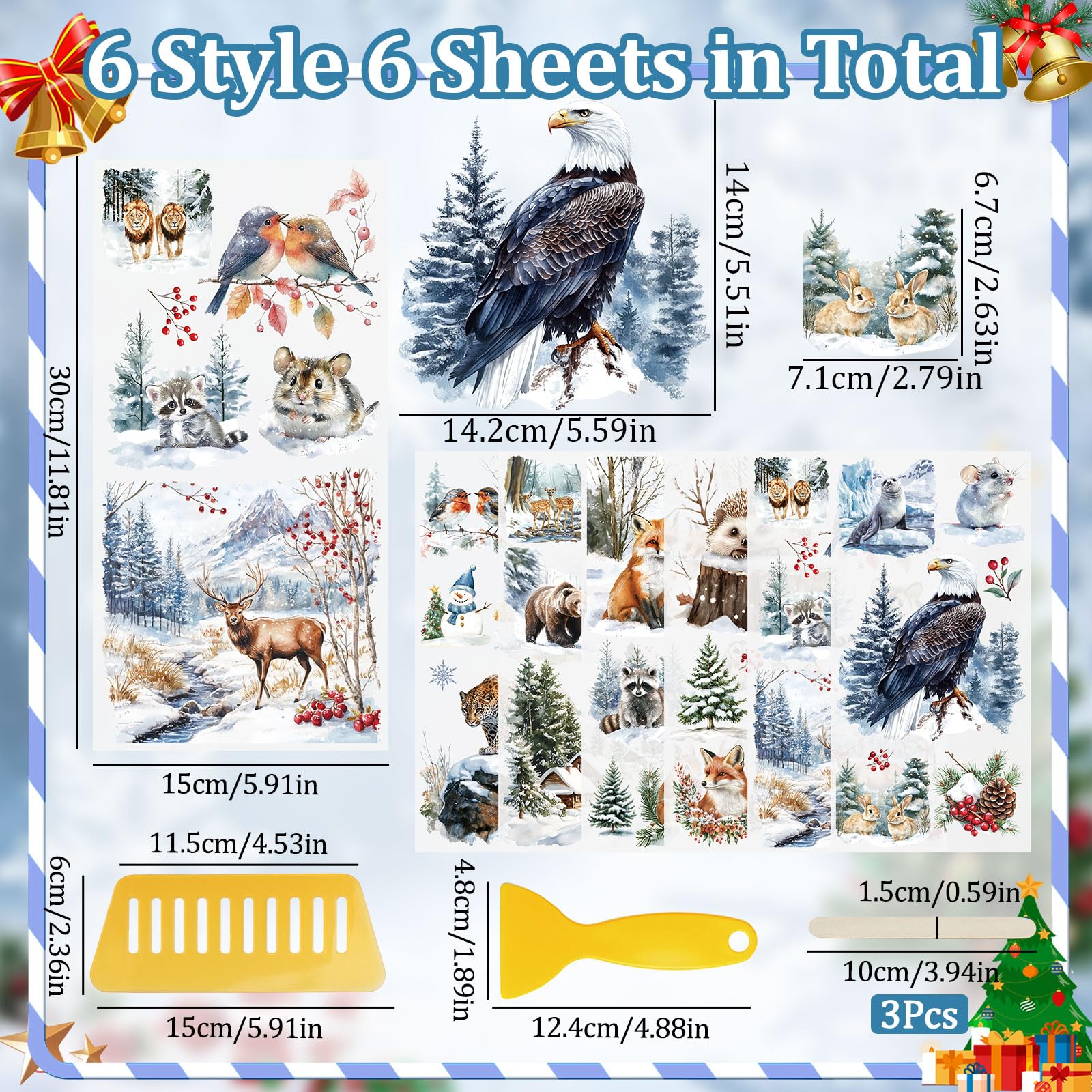 WANDIC 3 Sheets Rub on Transfers Stickers for Furniture Winter Animal Theme Christmas Transfer Decals for DIY Crafts Scrapbooks Photo Albums Decoration,15 * 30cm - Image 2