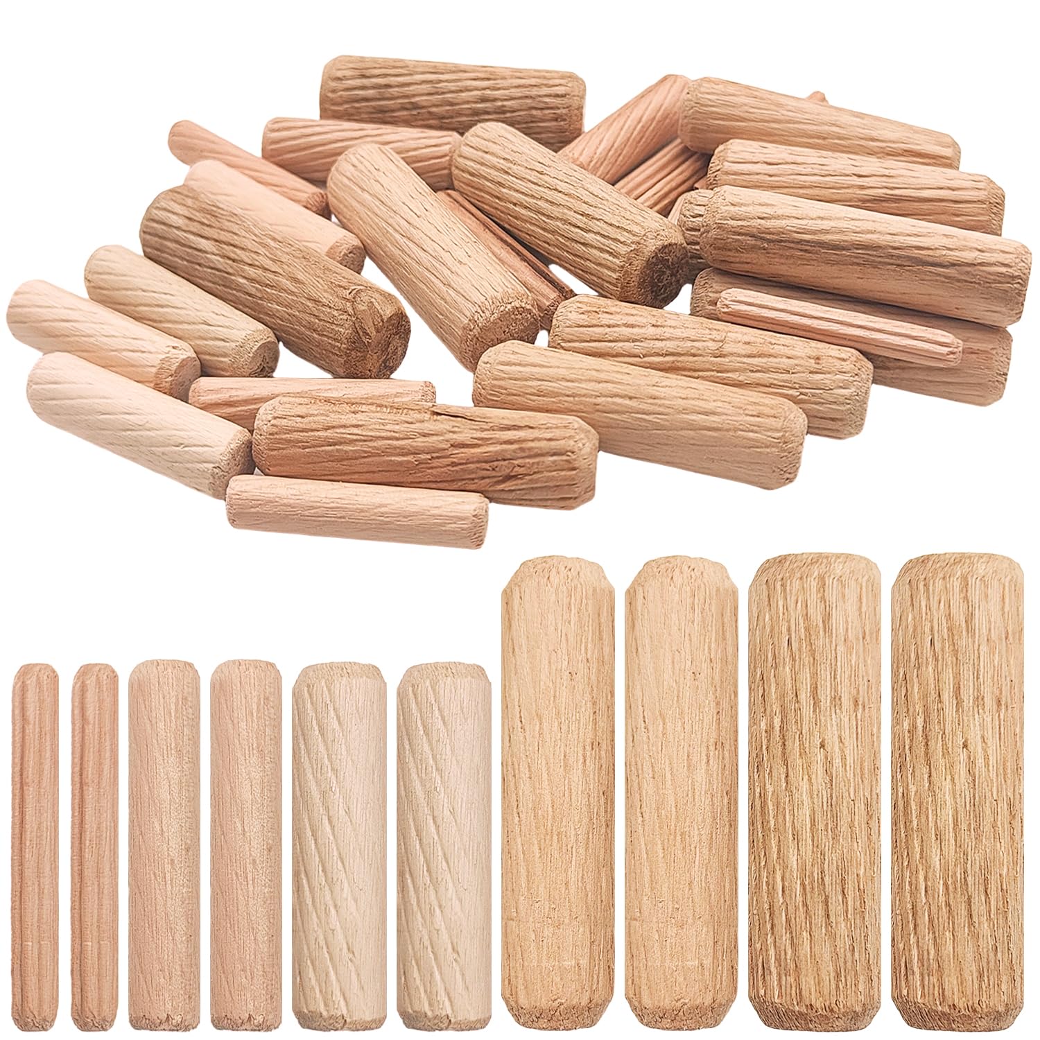 Photo 1 of 30Pcs Assorted Wooden Dowel Pins, M4 M6 M8 M10 M12 Fluted Hardwood Grooved Plugs for Furniture Woodworking, DIY Crafts Carpentry (5/32 to 1/2 Inch, 4/6/8/10/12mm)