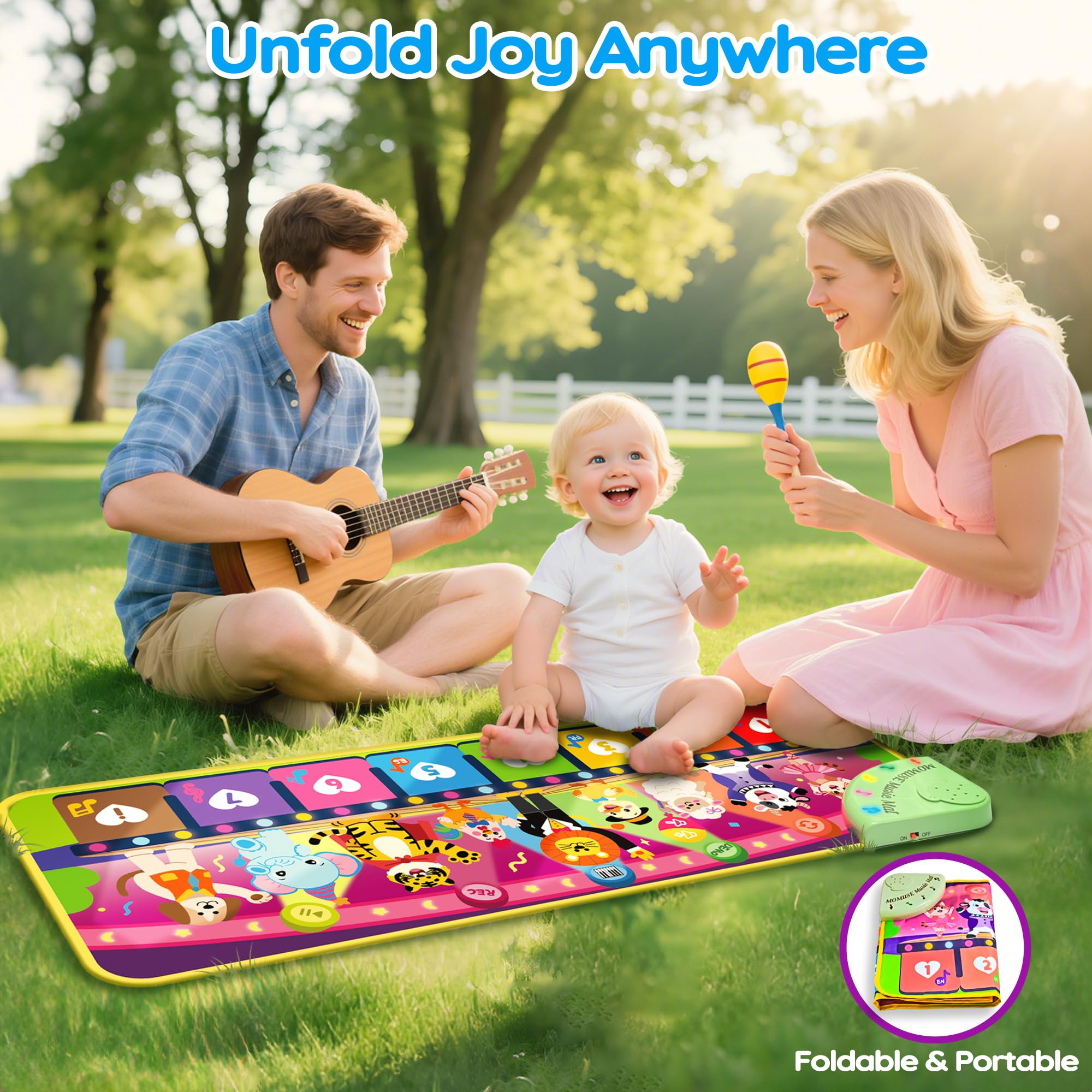 Alfombrilla de piano musical en 5 idiomas (EN/DE/FR/IT/ES) para niños de 1, 2, 3, 4 años, juguete educativo multilingüe para bebés con 9 animales y grabación, portátil, para niños pequeños de 1 7