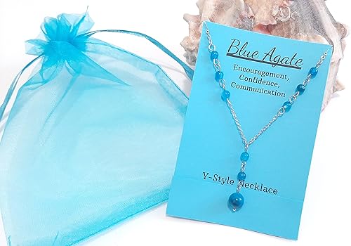 Miniatura 3 de Natural Crystal Bead Blue Agate Stone Y Shaped Lariat Necklace Non-Tarnish Steel Chain
