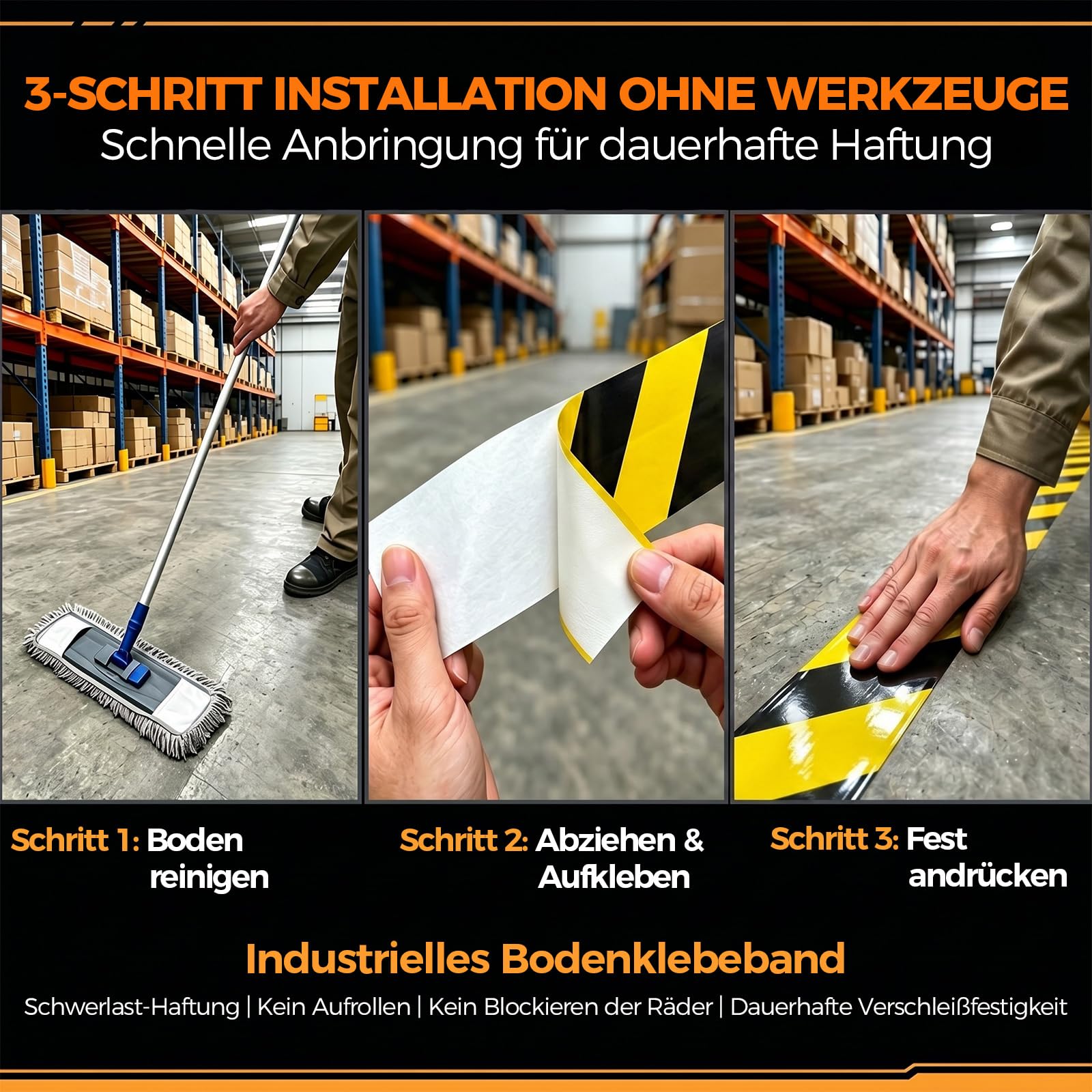 Warnklebeband, Verstärkt und verschleißfest Warnband, Gefahren Markierungs Klebeband Absperrband Zur Bodenmarkierung,50mm x 30m - Gelb/Schwarz