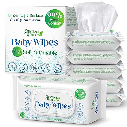 All Clear Care Toallitas para bebé, 6 paquetes (480 toallitas), 99% de agua con aloe y vitamina E, sin fragancia e hipoalergénicas, superficie de