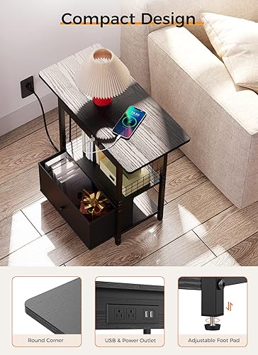 Miniatura 8 de Mesa auxiliar con estación de carga mesa auxiliar de sofá de 255 pulgadas con puertos USB y tomacorrientes mesita de noche con cajón de