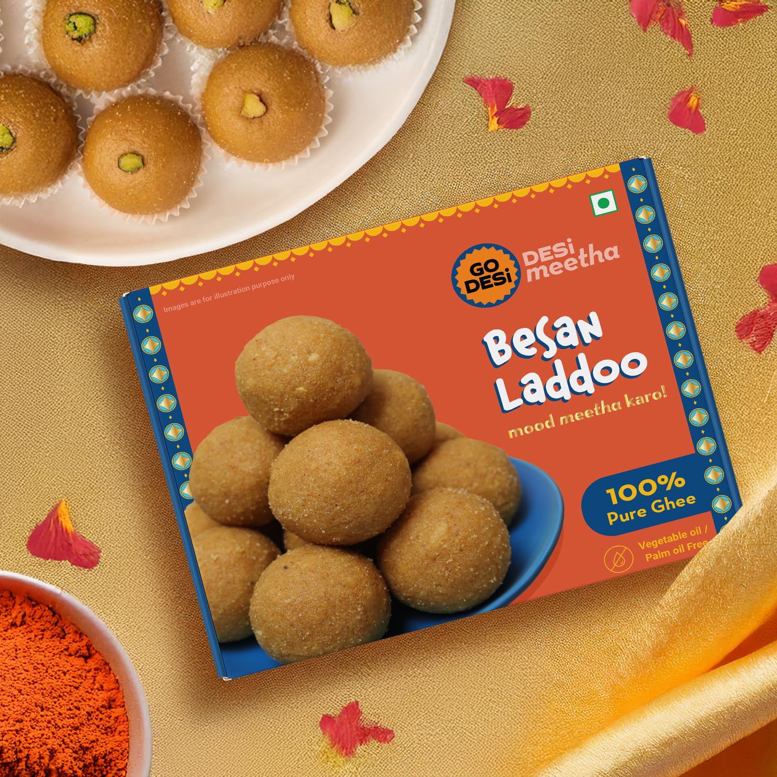 GO DESi - Besan Laddoo | Made with Almonds & Pure Ghee | Indian Mithai | Ladoo | Laddu | Sweets Gift Pack | 180 grams