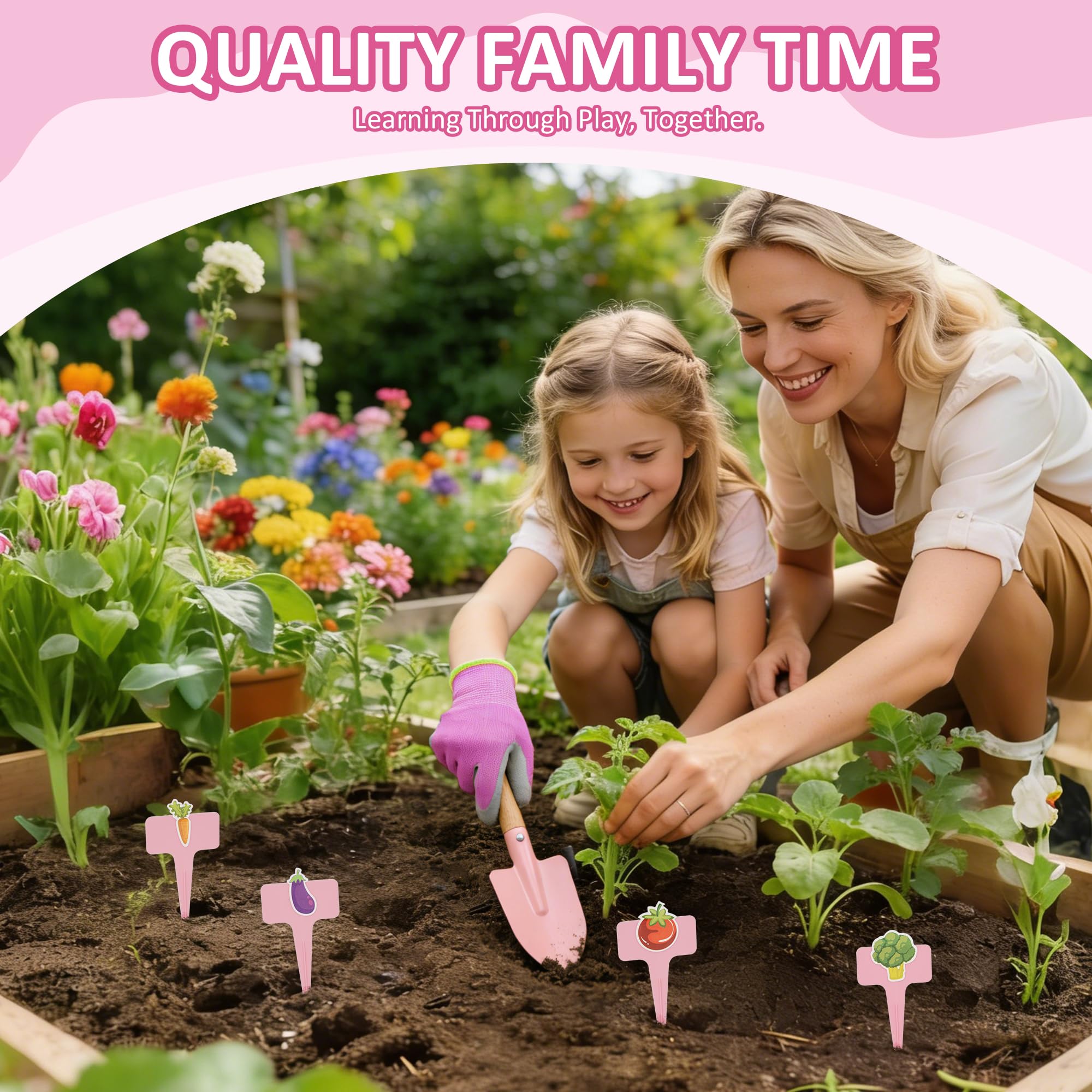 cossy Herramientas de Jardinería, Kit Jardinería para Niños de 13 Piezas, Herramientas para Huerto, Bolsa de Transporte, Regadera, Palas, Rastrillo, Guantes de Jardinería, Delantal, Rosa