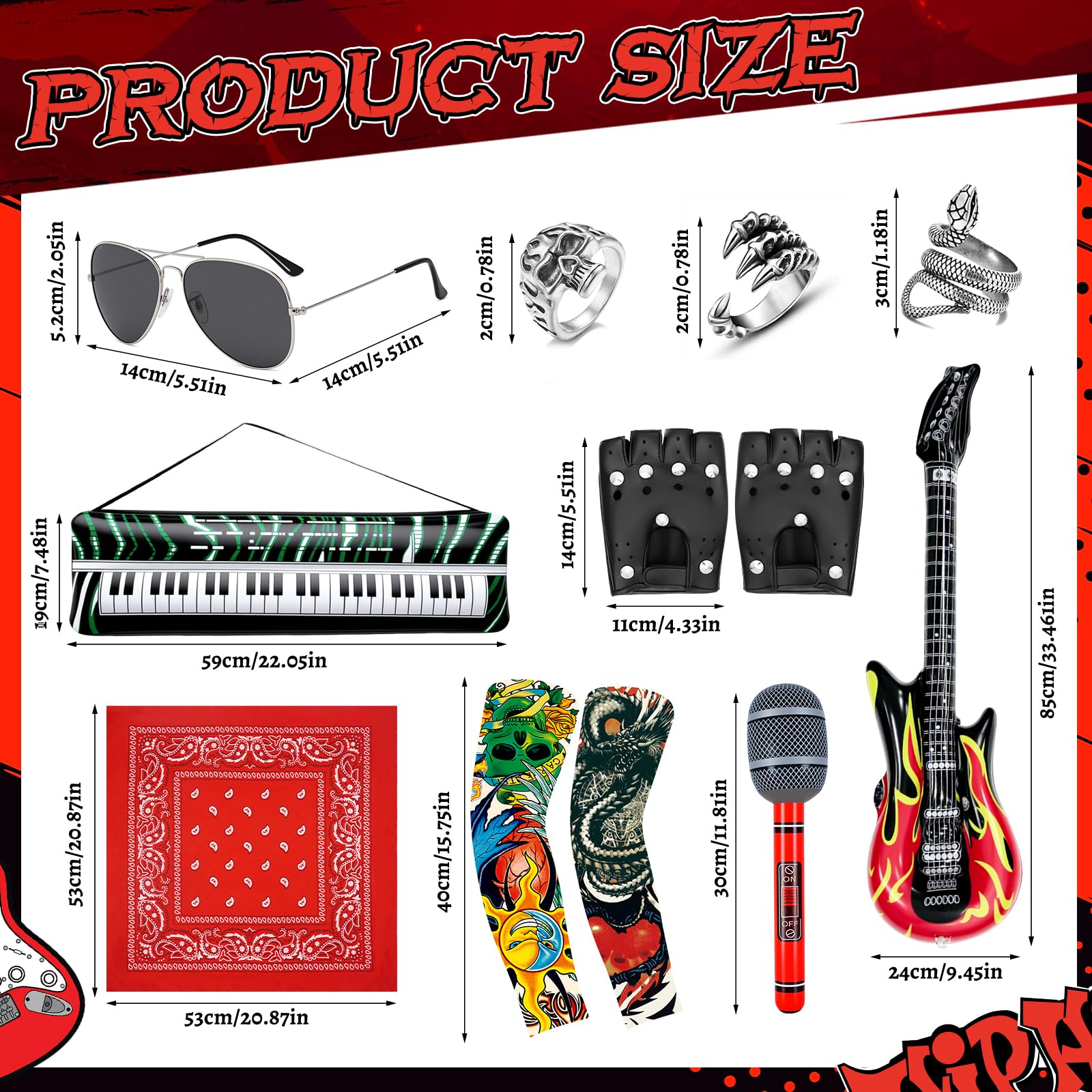 Athora 10Pcs Rockstar Fancy Dress Set including Inflatable Guitar, Piano, Microphone, Tattoo Sleeves, Sunglasses - Image 2