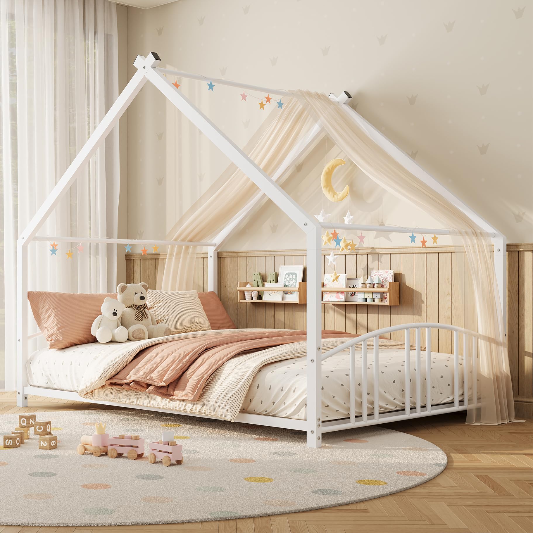 Garvee Full Size Metal House Bed Frame for Kids, White