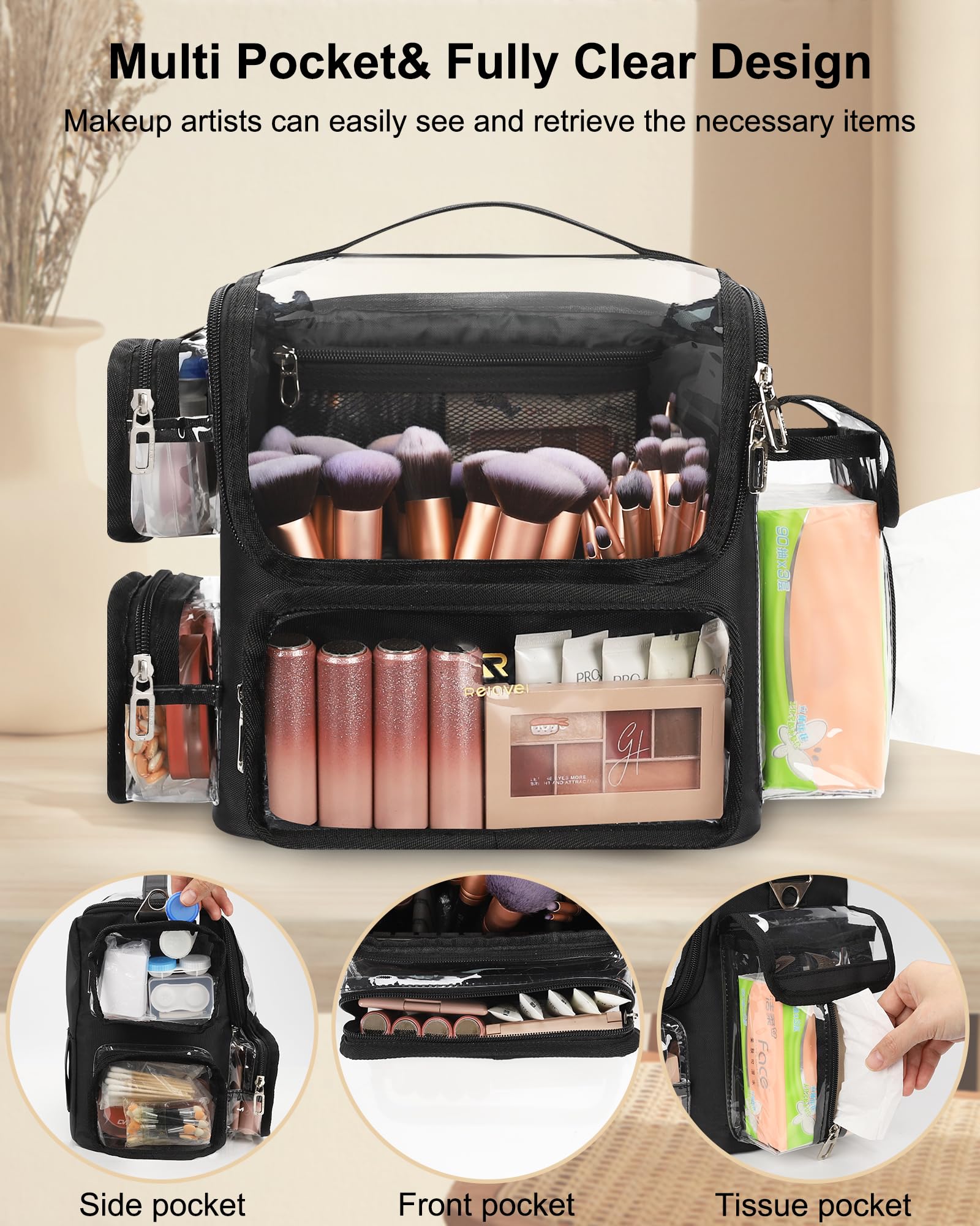 TANTO Large Clear Makeup Brush Bag with Adjustable Dividers, Black